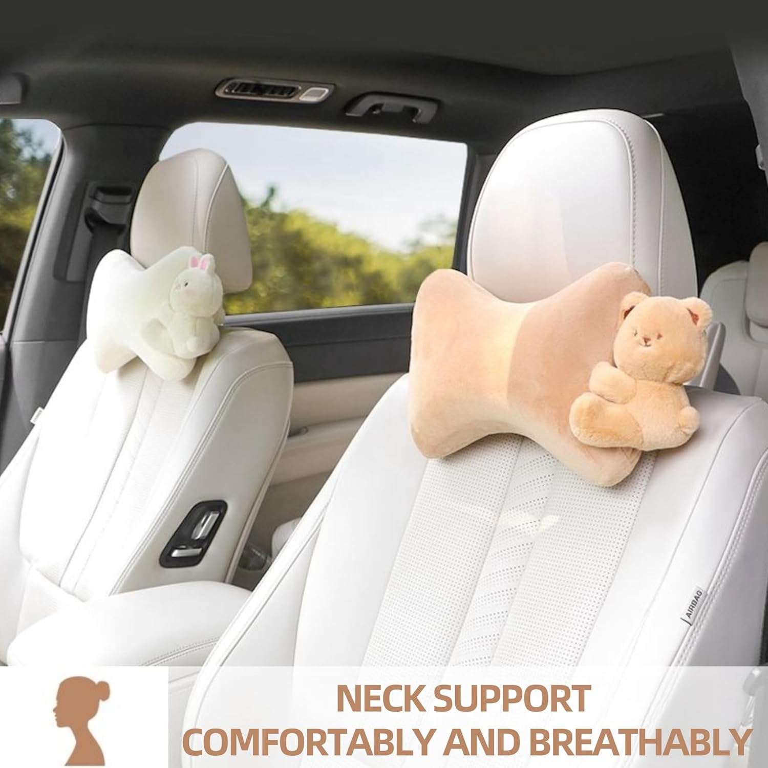 Car Headrest Pillow 2PCS Plush Bear ＆ Bunny Car Seat Headrest Pillow - Memory Foam Neck Support Cushions for Comfortable Driving, Easy Install & Washable (Bear+Rabbit) image number 2