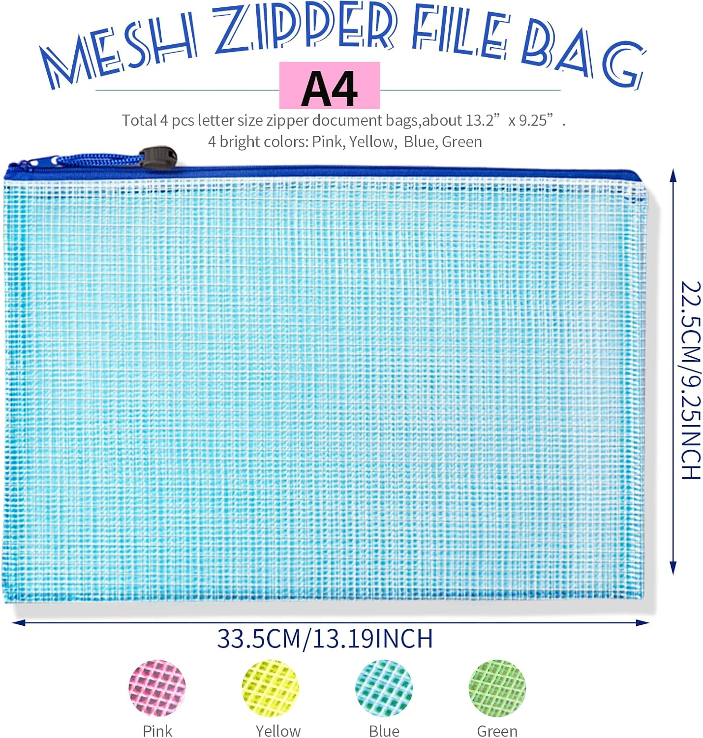LEOBRO 4 Pack Mesh Zipper Pouch, 13.2X 9.2 A4 Letter Size Mesh Bags with Zipper, Plastic Envelopes Zip File Document Bags, Storage Bags for Organization Puzzles Travel, File Jackets & File Pockets