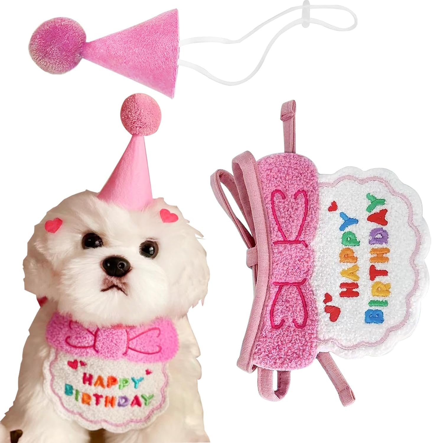 Cat Birthday Bandana Set, Cute Dog Birthday Hat and Pink Cartoon Bib, Pets Birthday Party Supplies Birthday Outfit for Cat and Dog image number 1