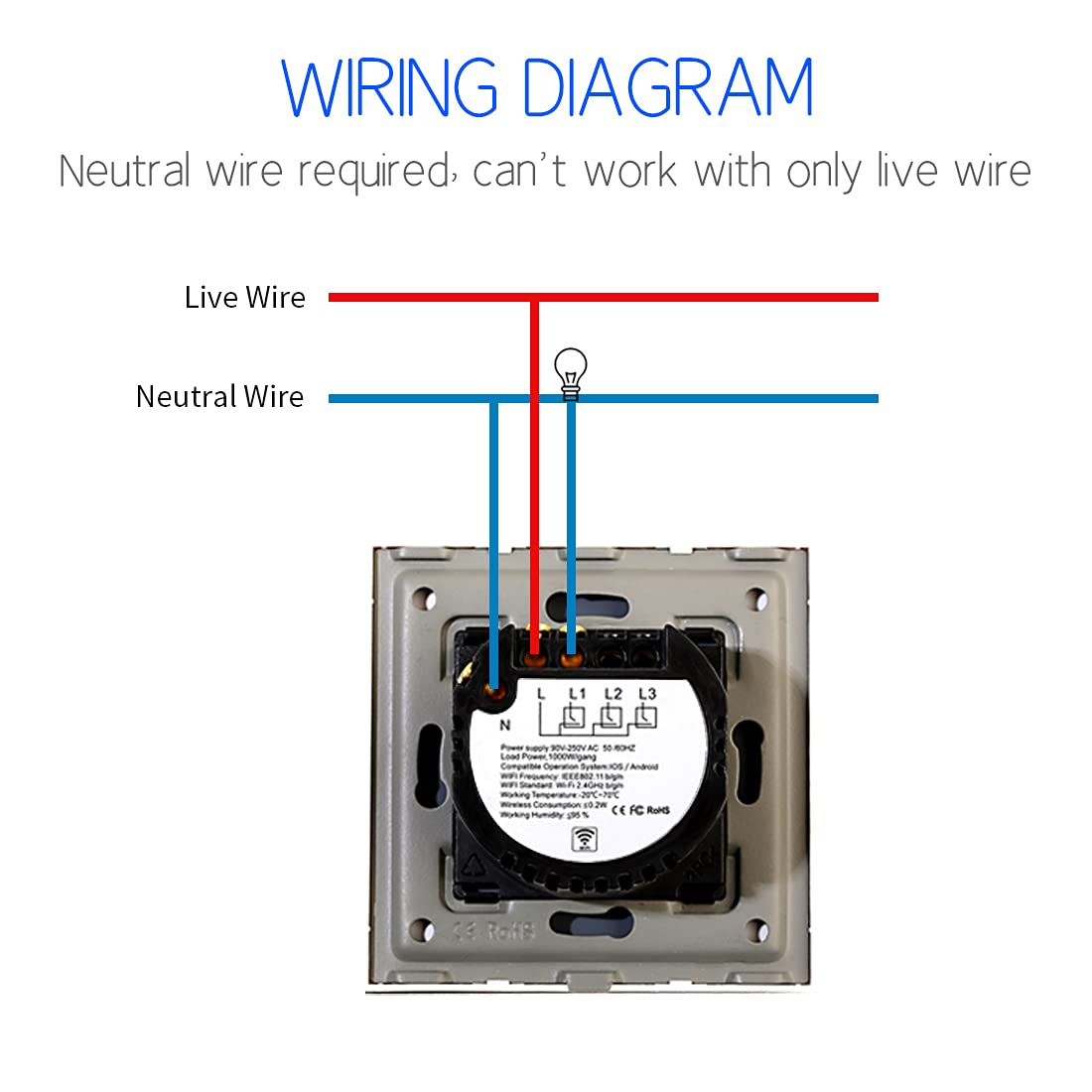 CNBINGO Smart Touch Light Switch Compatible with Alexa, Google Assistant - WLAN Switch Flush-Mounted - with Glass Panel and Status LED - Wall Switch Simple in Grey - Neutral Conductor Required image number 4