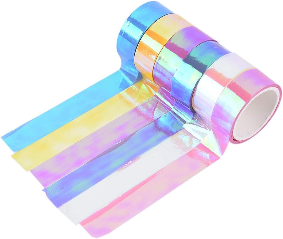 Holographic Colored Masking Tape Set, 6 Rolls Rainbow Masking Tapes Translucent Labelling Tapes Decorative Waterproof Adhesive Iridescent Graphic Art Tape for Arts DIY Office Supplies image number 2