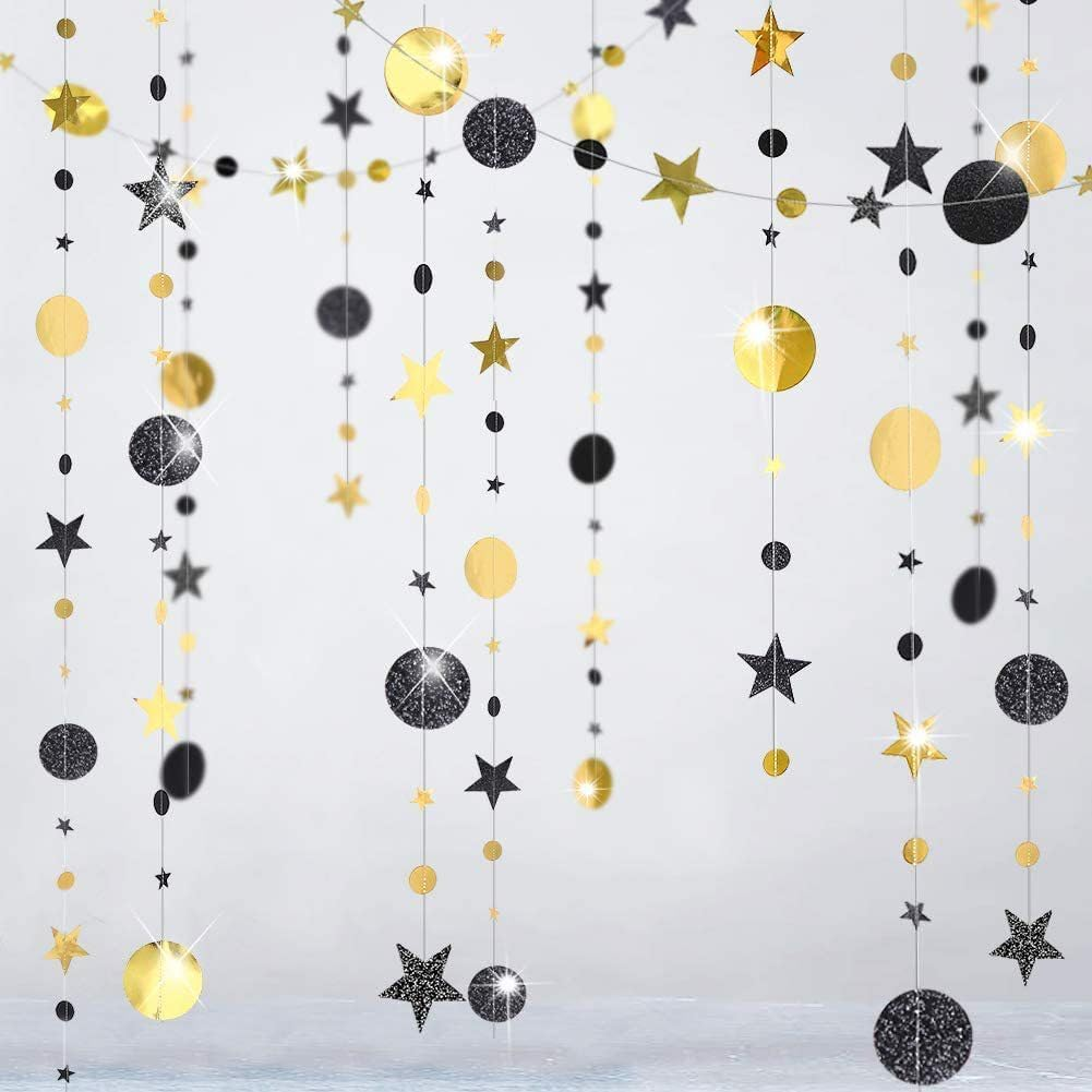 Gold Party Decoration Gold Star Circle Dot Hanging Garland Gold Hanging Streamer Decorations Glitter Star Bunting Banner Twinkle Backdrop for Wedding Anniversary Baby Shower Birthday Christmas