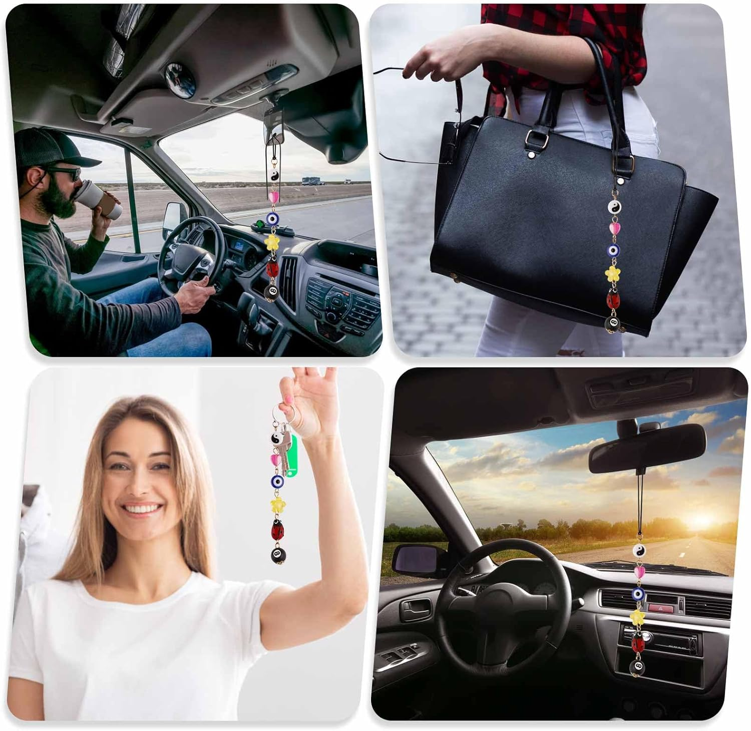 Good Lucky Days Car Charm, Evil Eye Car Hanging Ornament Beaded Lanyard Decor Rear View Mirror Car Ornament Cute Boho Flower Yin Yang Bead for Car Decor image number 3