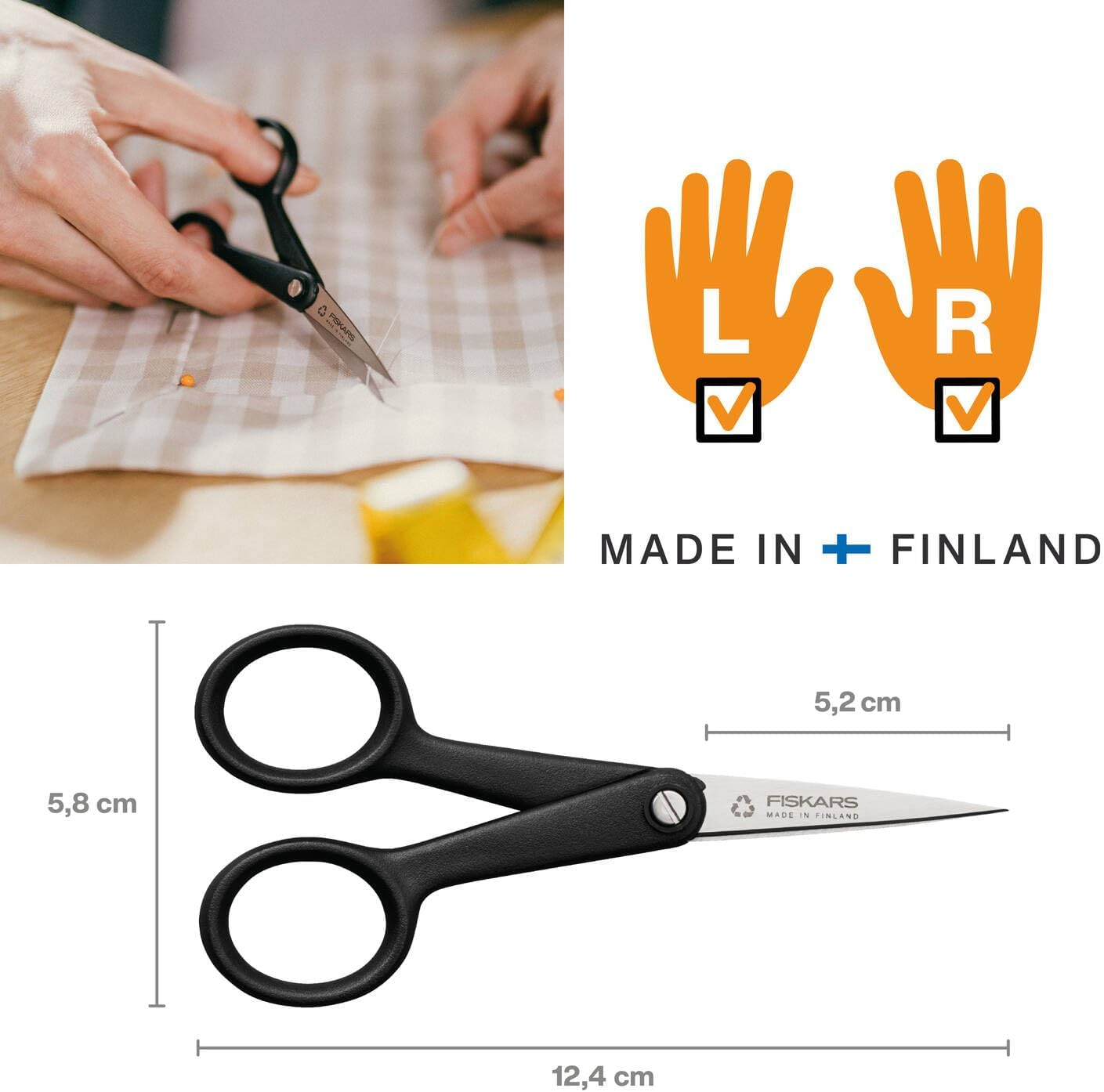 Fiskars Renew 1074541 Handicraft Scissors, Length: 12.4 Cm, Recycled Stainless Steel/Recycled Plastic, Functional Shape, Black image number 1