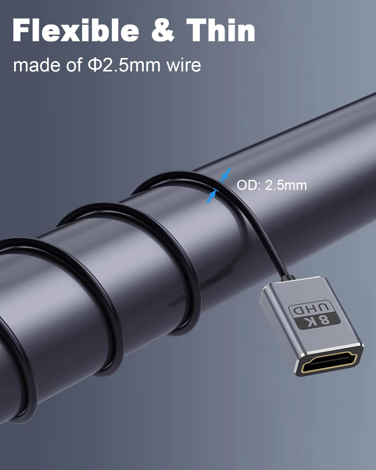Duttek 8K HDMI2.1 Cable 1Ft/30Cm, down Angle HDMI Male to Female Extension Cable, Ultra High Speed 48Gbps Bandwidths, Ultra Thin HDMI Cord Od2.5Mm, Support 8K@60Hz for GH5S, PS5, Xbox One Monitor,Pc. image number 6