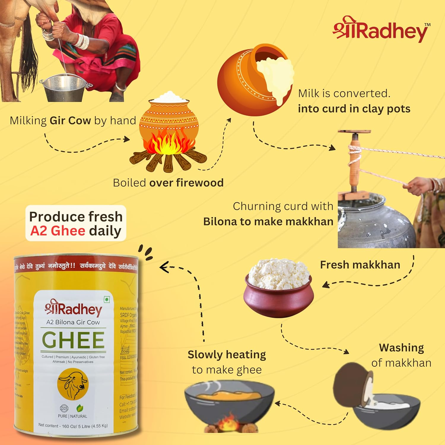 SHREERADHEY A2 Bilona Gir Cow Ghee | 1 Litre X 2 | Glass Bottle | Traditional Bilona Method | Lactose and Gluten Free | Keto Friendly image number 4