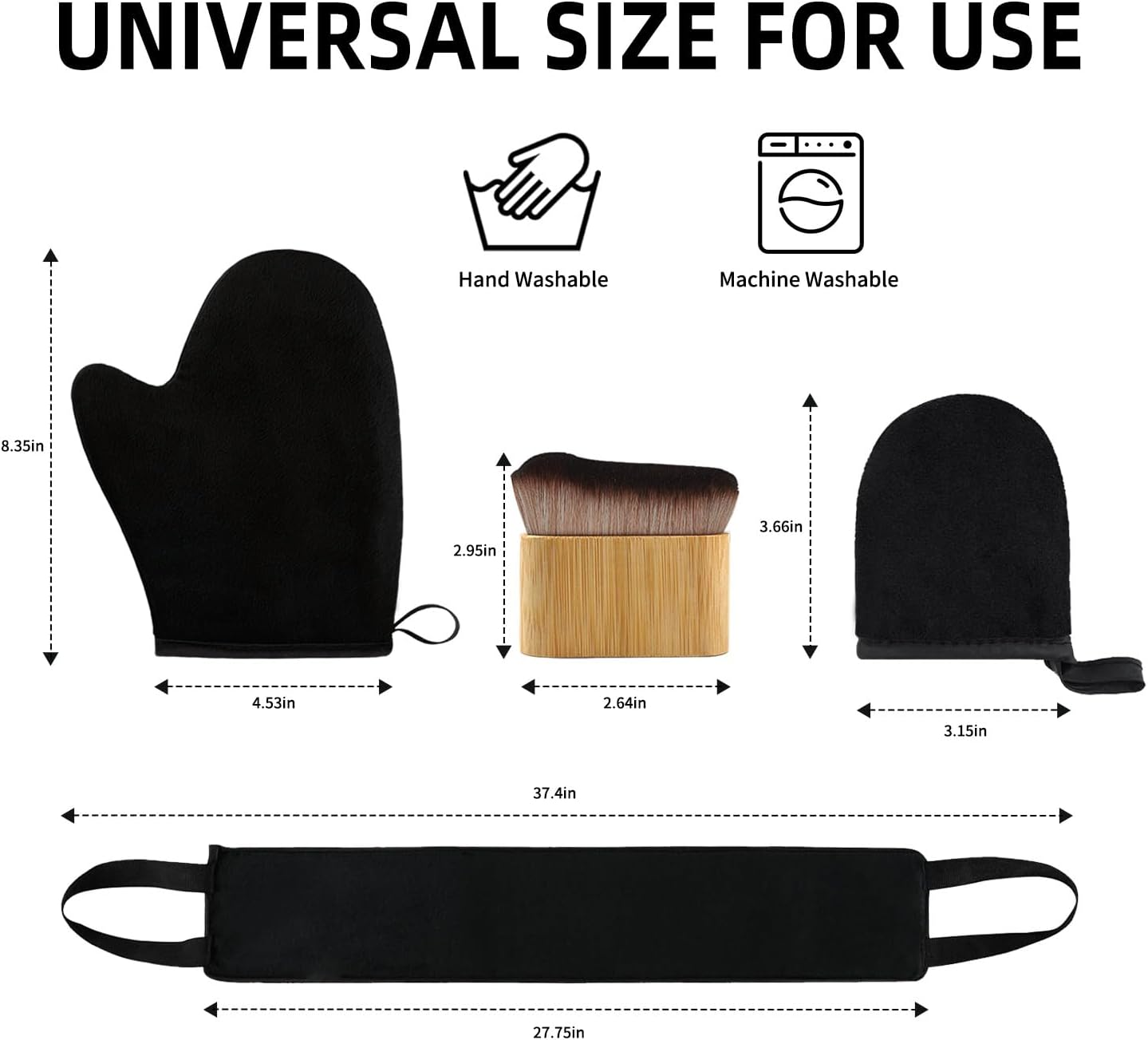 FUNAN Self Tanning Application Kit, 4-Piece Set with Back Applicator, Mini Mitt, Tanning Mitts and Ultra Soft Self Tanner Brush Bamboo Kabuki Brush, Black image number 5