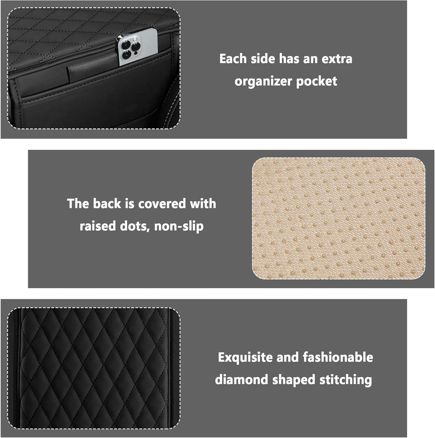 Usinynia Upgraded Car Center Console Cover for Most Vehicles,Microfiber Leather Universal Car Armrest Cover Cushion with 2 Side Pockets Interior Accessories Prevent Scratching (Black) - Beige image number 4