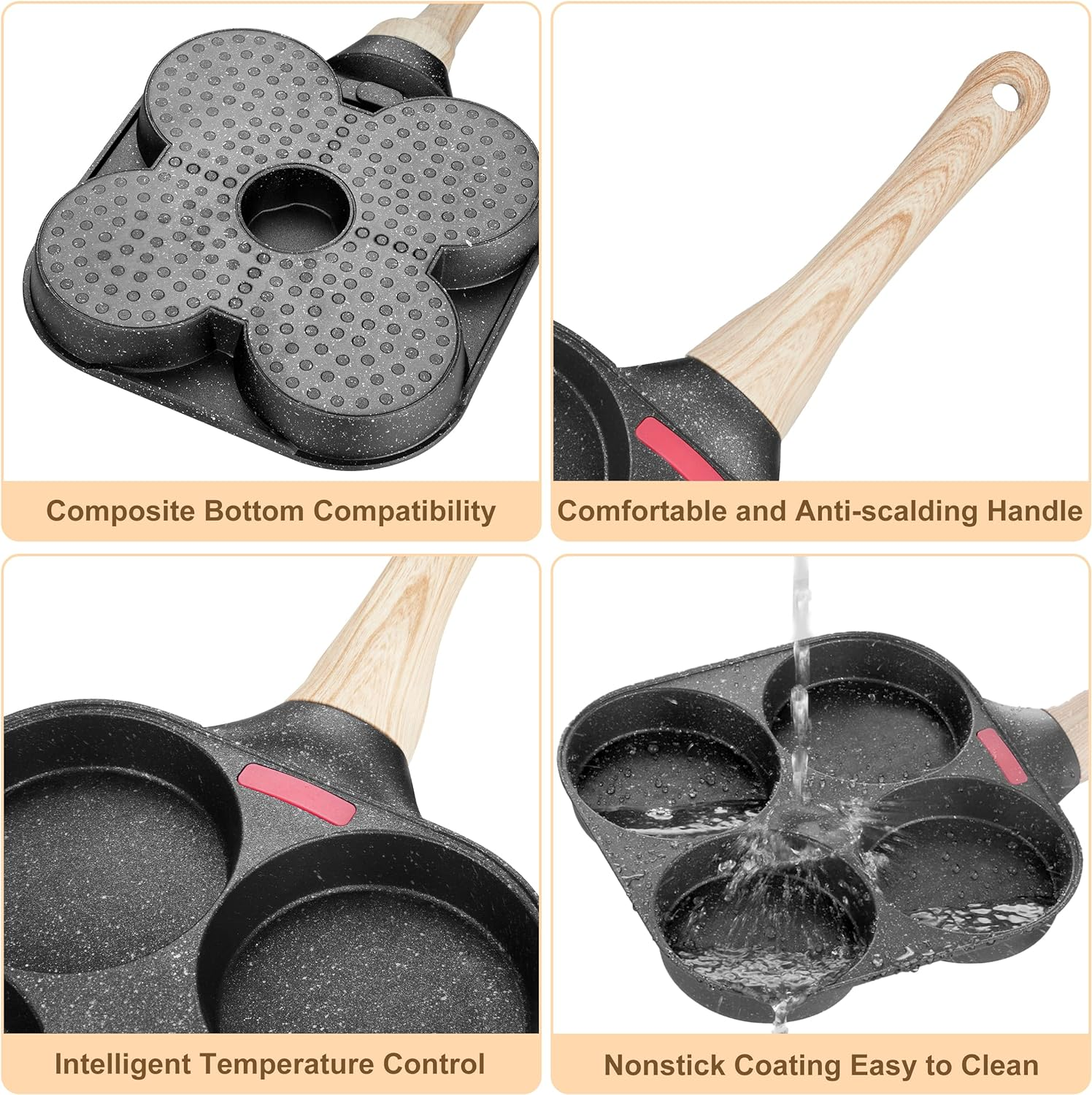 Mylifeunit Egg Frying Pan, 4-Cup Egg Pan Nonstick, Fried Egg Pan Skillet for Breakfast, Pancake, Hamburger, Sandwiches, Suitable for Gas Stove & Induction Cookware image number 1