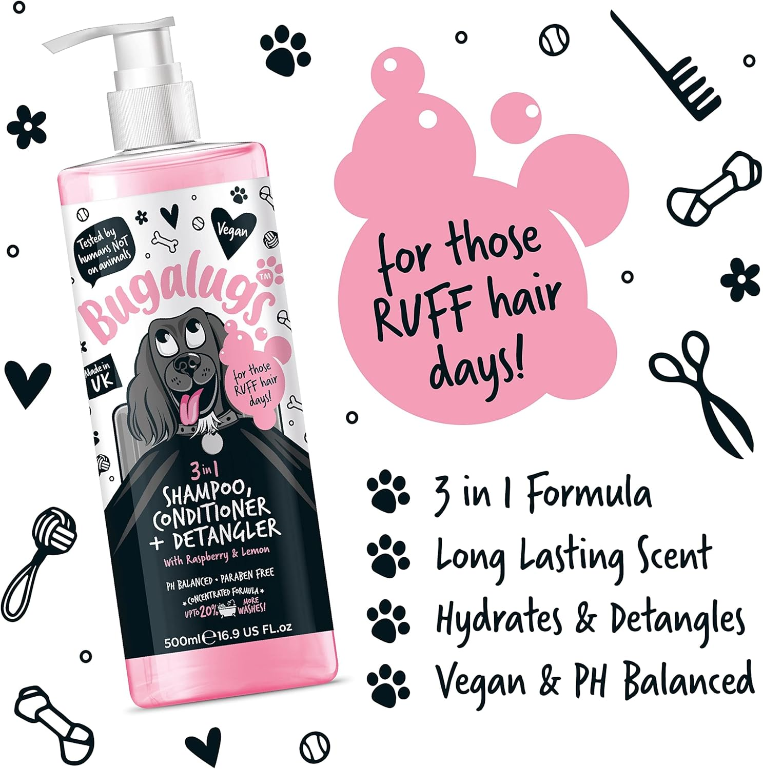 BUGALUGS Dog Shampoo 3 in 1 Shampoo, Conditioner & Detangler - Raspberry & Lemon Dog Perfume Grooming Products for Smelly Dogs, Best Dog Coat Puppy Shampoo, Pet Accessories (Shampoo 500Ml) image number 5