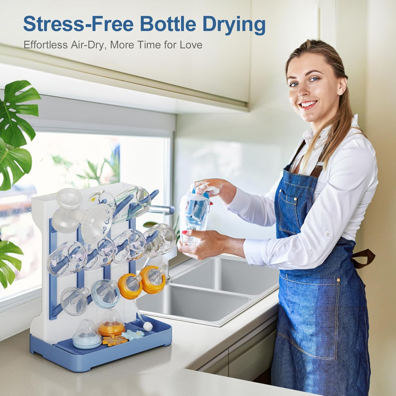 Baby Bottle Drying Rack Space Saving, Large Vertical Baby Bottle Storage Organizer & Bottle Dryer Rack for 12 Pc 8 Oz Bottles and Baby Accessories,Pump Parts,Pacifiers or Brush Stand - Blue image number 4