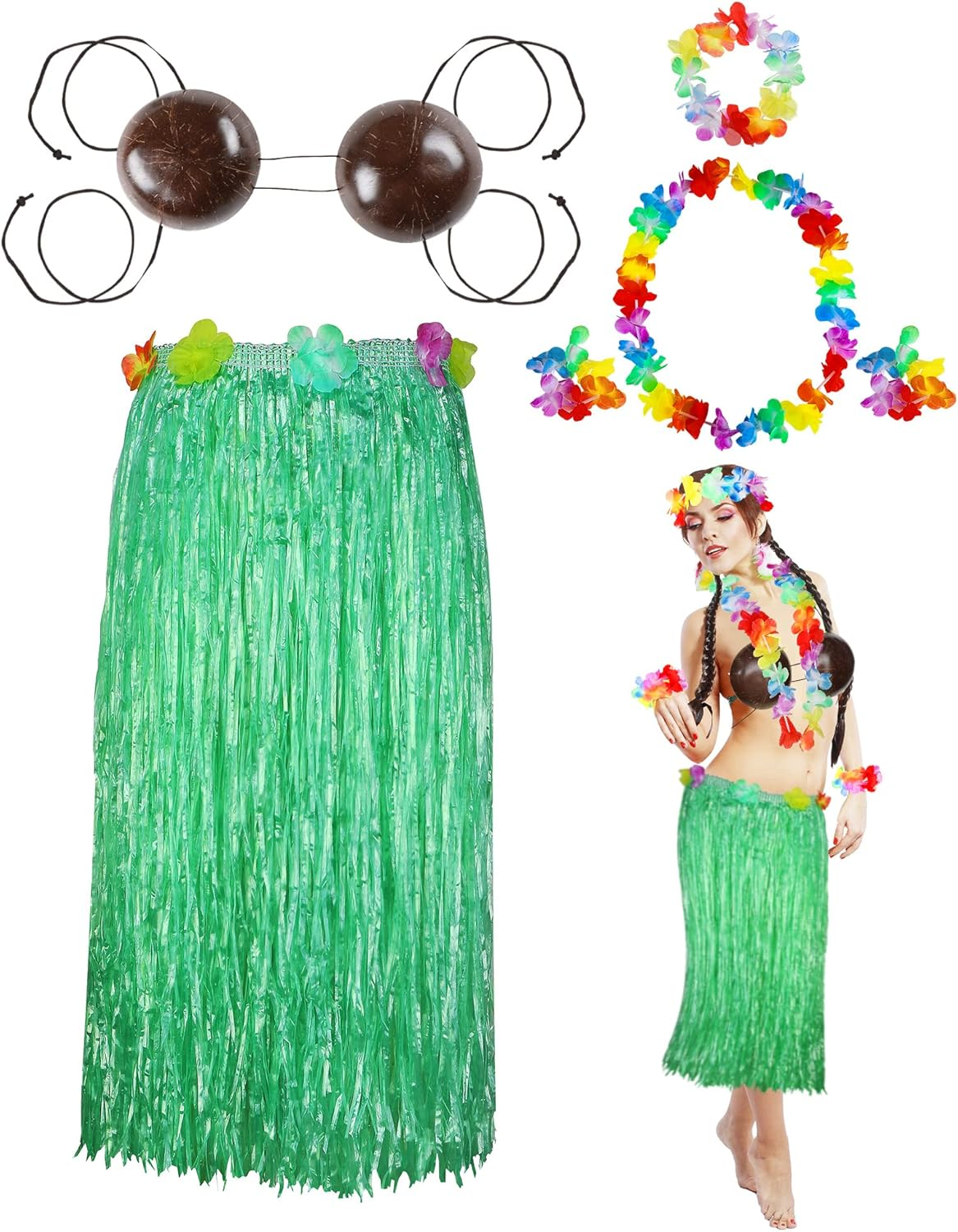 6 Pcs Coconut Bra Hawaiian Grass Hula Skirt Costume Set 31.5 Inch Dance Leis Outfit for Women Luau Party Supplies