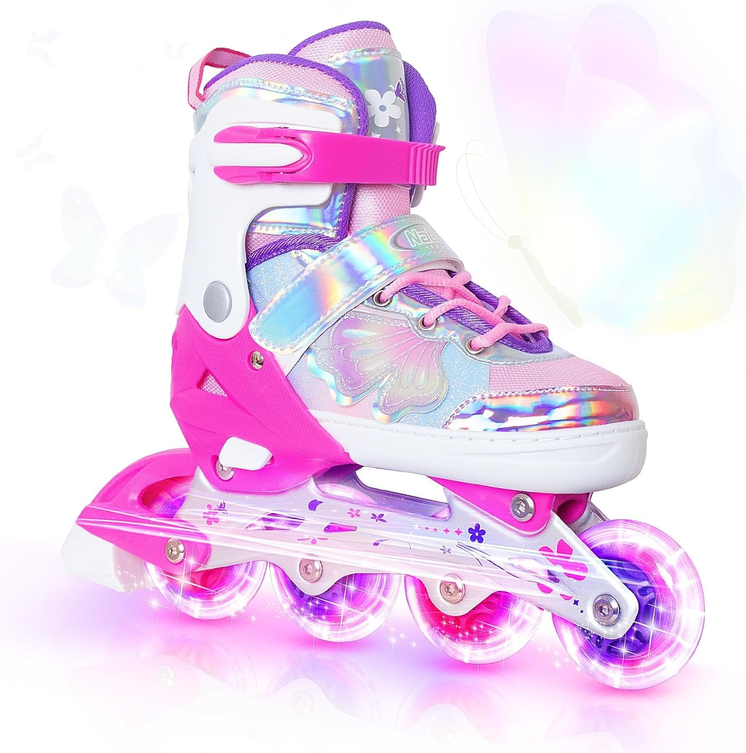 Nattork Kids Inline Skates Butterfly and Flower for Boys Girls Kids, 4 Sizes Adjustable Quad Skates with All Light up Wheels Indoor Outdoor Sports
