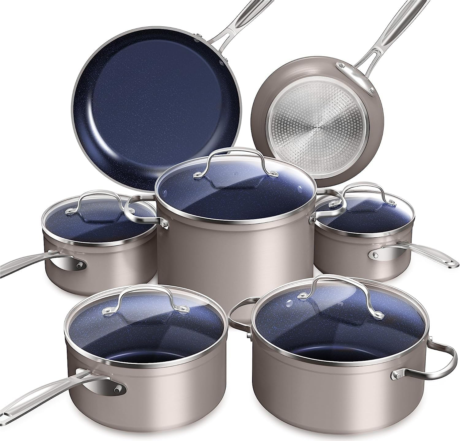 Nuwave Healthy Duralon Blue Ceramic Nonstick Coated Cookware Set, Diamond Infused Scratch-Resistant, PTFE & PFOA Free, Oven Safe, Induction Ready & Evenly Heats, Tempered Glass Lids & Stay-Cool Handle