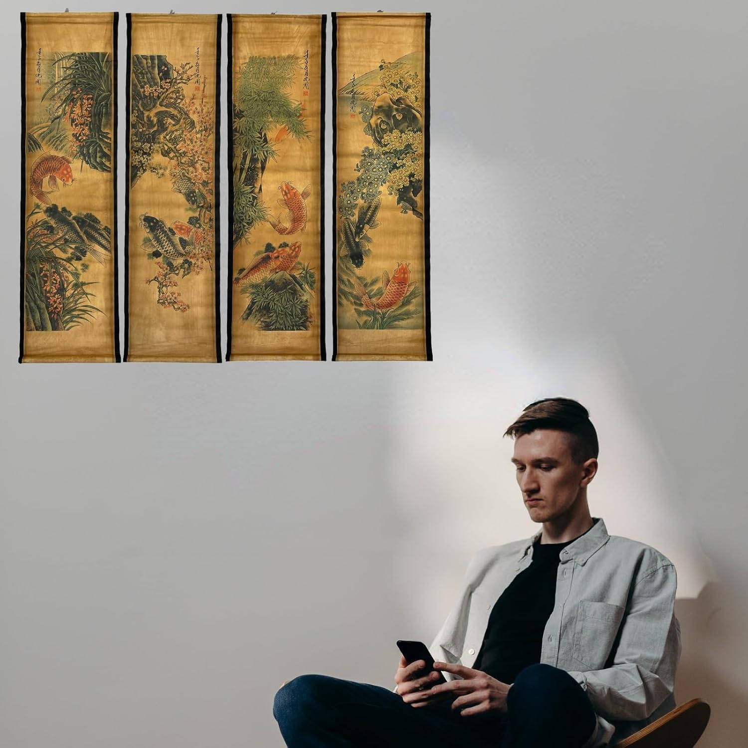 4Pcs/Set Wall Scroll Hanging Painting Decor Fish Flower Fengshui, Ancient Paintings Replica Asia Traditional Art, Attract Wealth Four Seasons image number 1