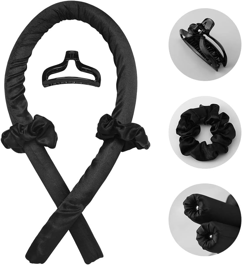 Heatless Curling Rod Headband No Heat Silk Ribbon Curling Rod Hair Roller Curls with Hair Claw Clip Lazy Natural Soft Wave DIY Hair Rollers Styling Tool for Sleep in Overnight (Black, One Size) image number 6