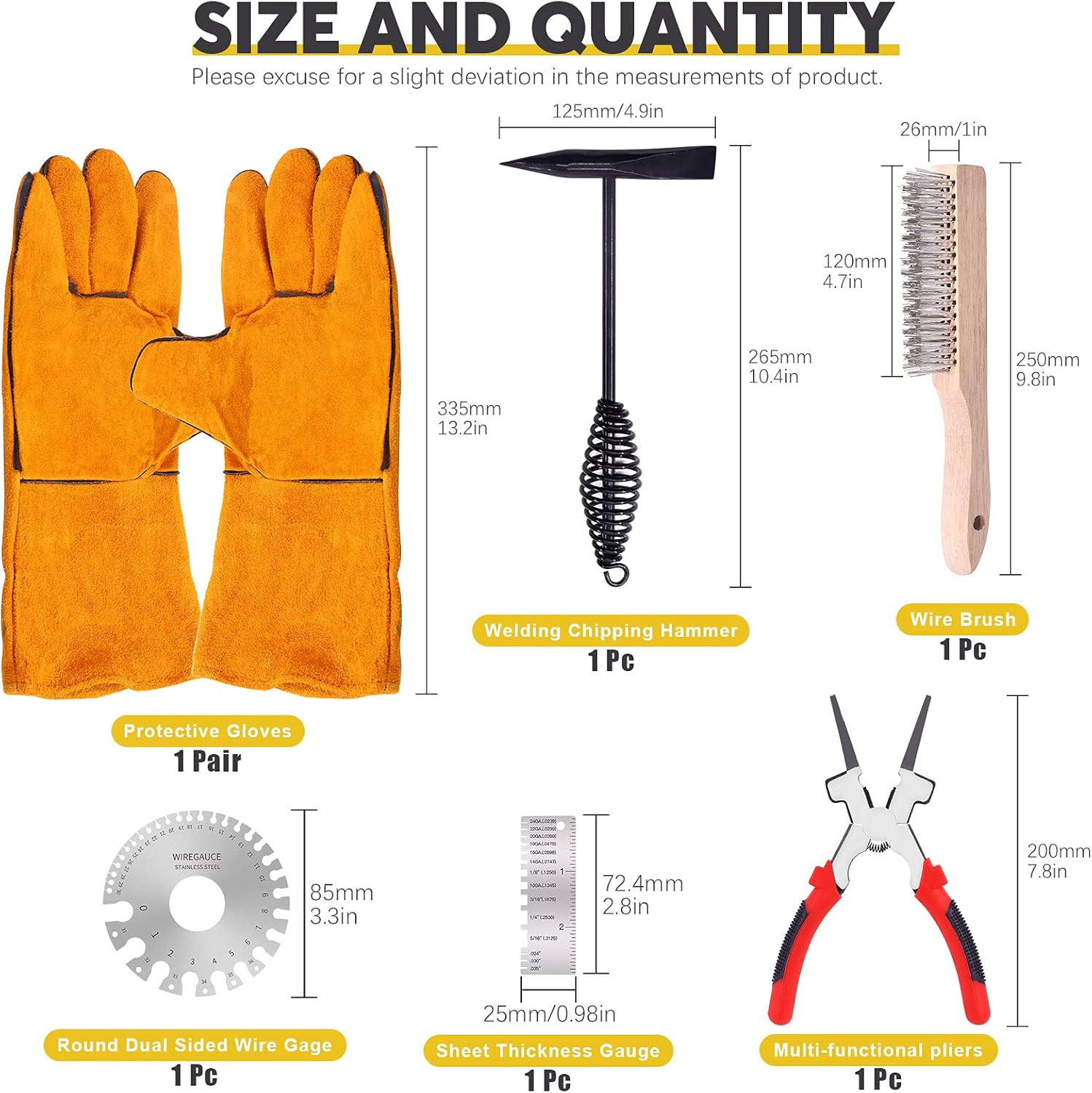 Mardatt 6Pcs Industrial Slag Removal Welding Tools and Accessories Includes 10 Inch Welding Chipping Hammer, 8 Inch Welding Pliers, Wire Brush, Welding Gloves, Wire Gauge, Metal Sheet Thickness Gauge image number 1
