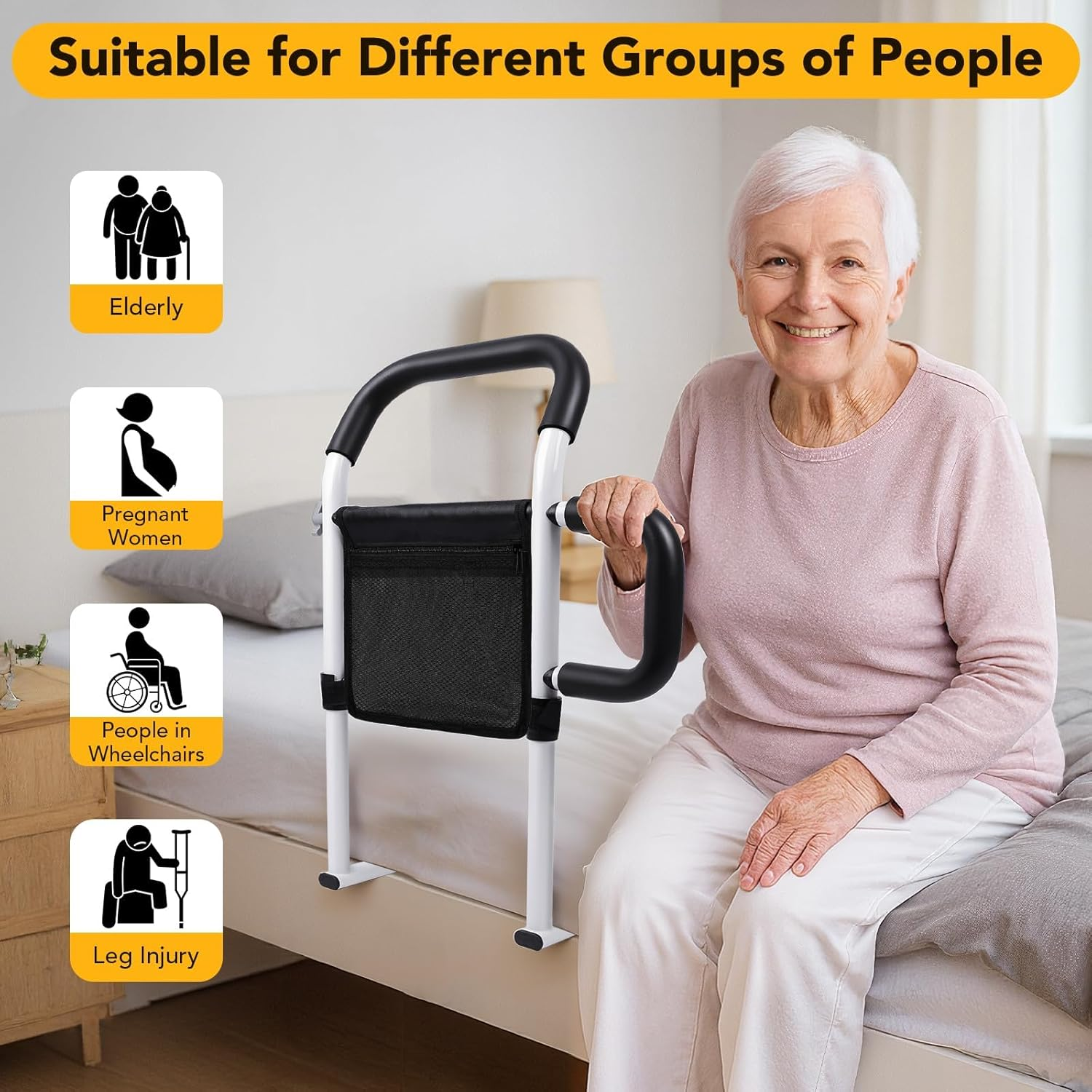 Bed Rails for Elderly Adults Safety - Adjustable Bed Assist Rails for Seniors with Dual Handrails, Easy Tool-Free Installation, Flat Tube Design, Storage Pocket,300Lbs Weight Capacity for Support image number 3