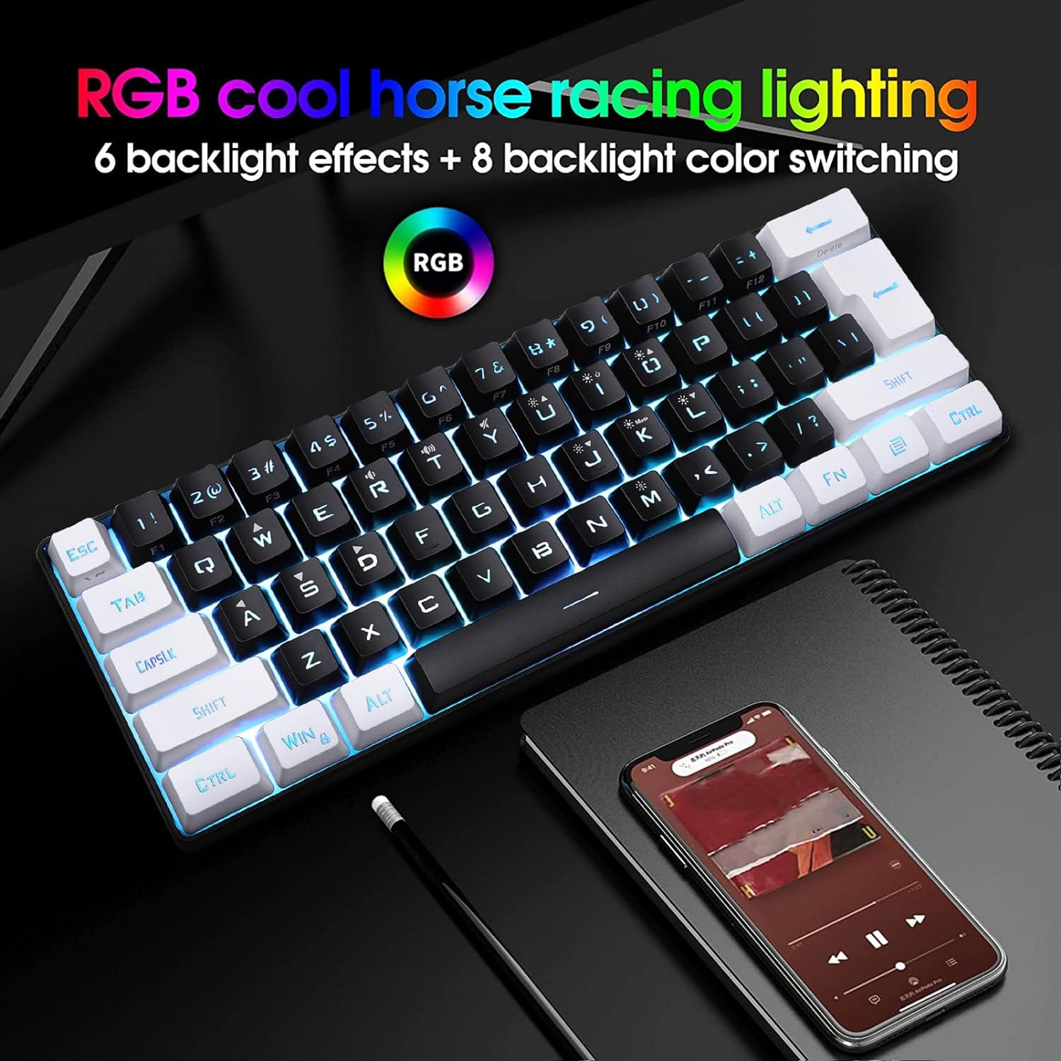 Keyboard Mini 60% Small Gaming Keyboard, RGB Backlit 61 Keys, Ergonomic Mechanical Feeling Wired Gaming Keyboard for Gaming and Working (Black) - White image number 7
