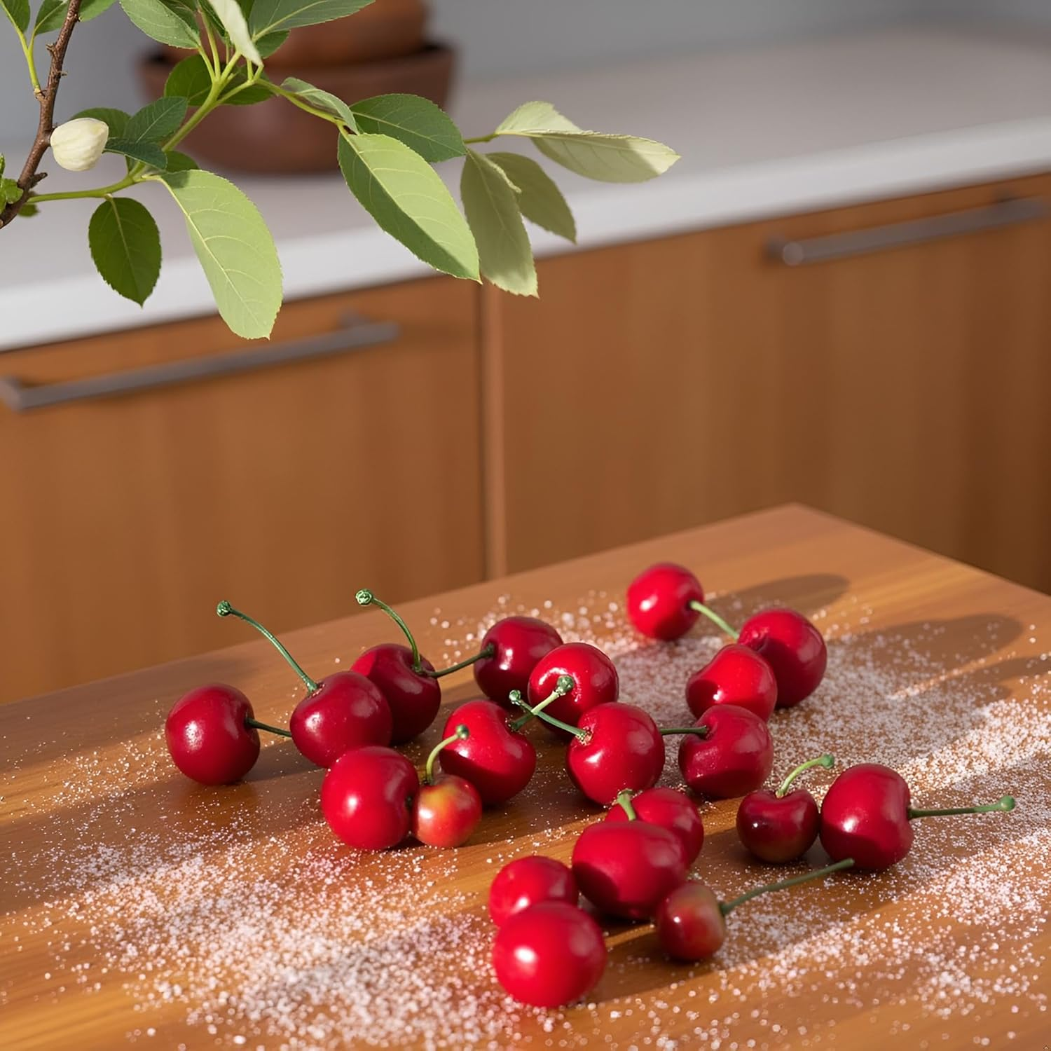 Squarezhenbo 20Pcs Red Artificial Cherries, Fake Cherry Model Lifelike Fruit Cherry Ornament, Fake Cherries,Plastic Cherries, Home Kitchen Party Decoration Desk Ornament Photography Prop Home D&eacute;cor image number 5