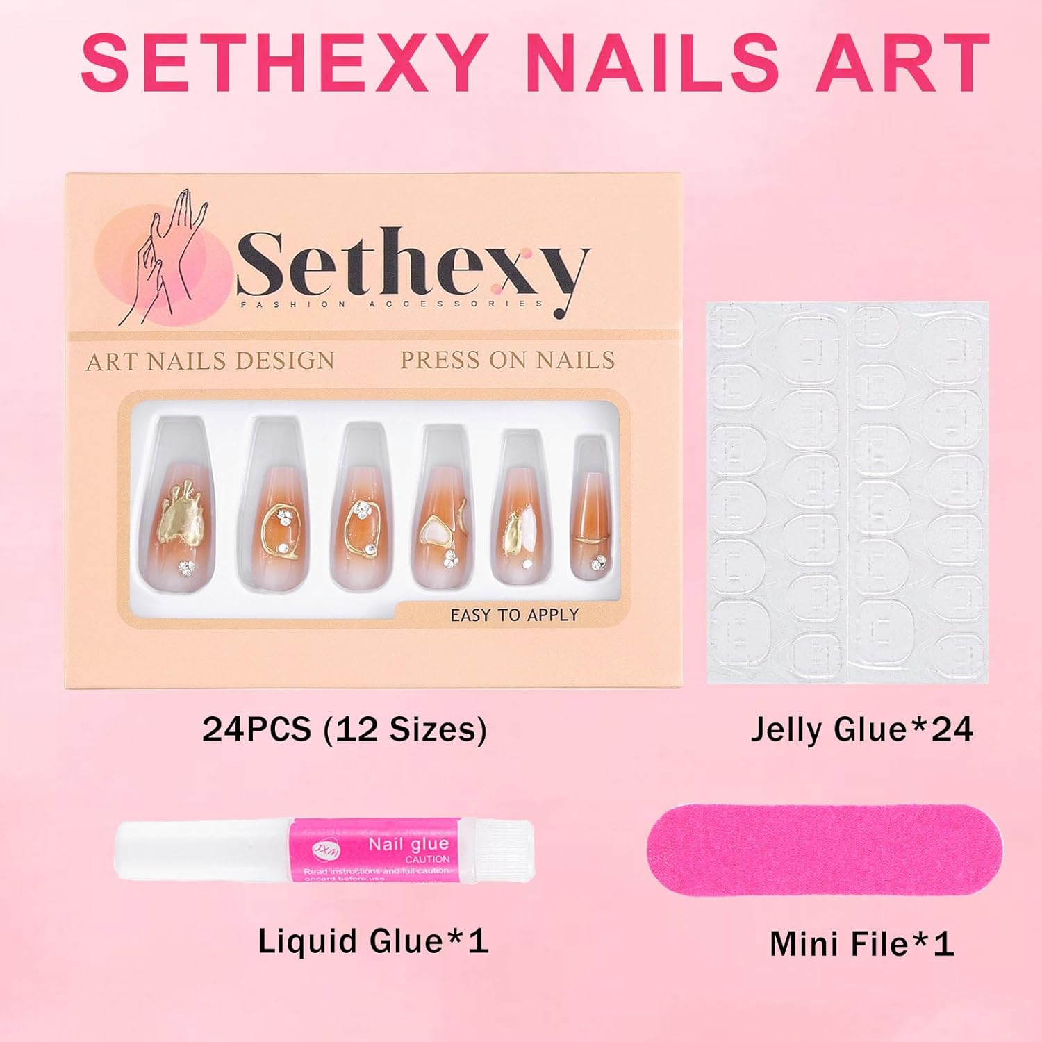 Sethexy Brown Long Coffin Nails Print Colour Gradient Glitter Shiny False Nails with Design 24 Pieces Full Cover Art False Nails for Women and Girls (10) image number 4