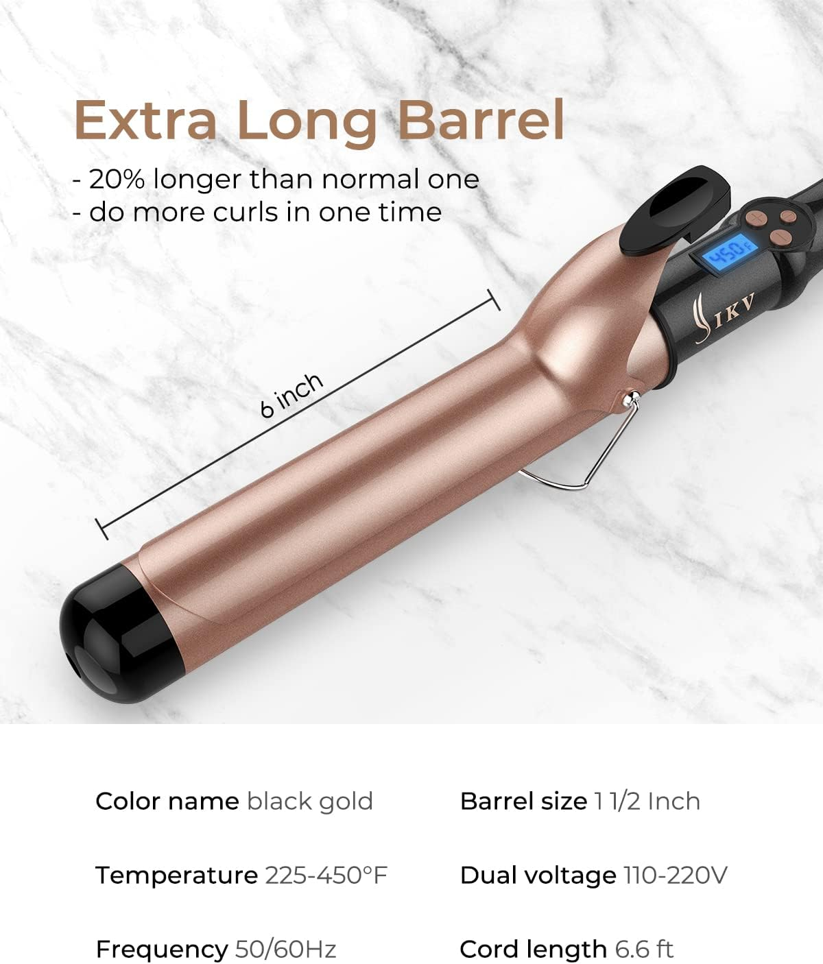 1 1/2 Inch Extra Long Barrel Curling Iron, 1.5 Inch Large Barrel for Long Hair Ceramic Tourmaline image number 6