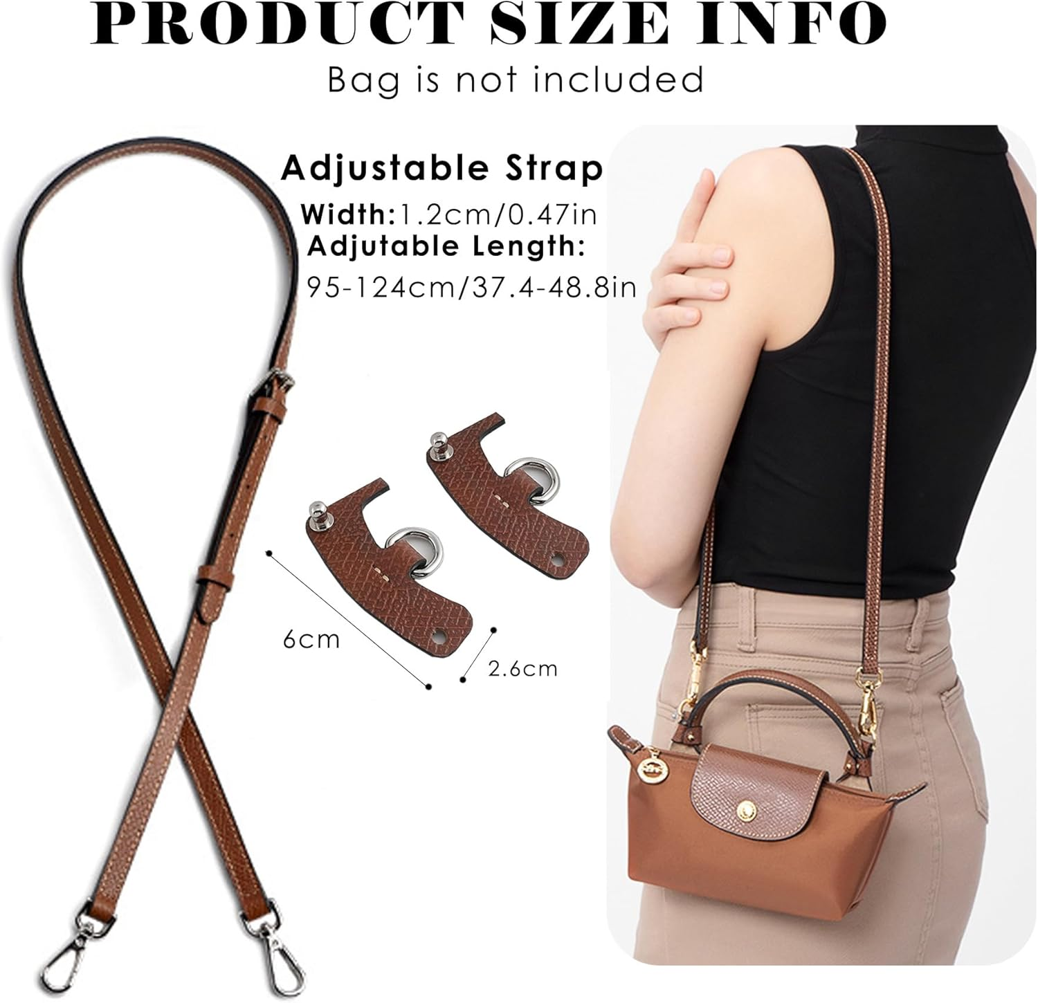 Le PLIAGE Replacement Crossbody Strap, Punch-Free Leather Shoulder Strap for Small Bag, Handbag, Clutch - Brown-Silver image number 2