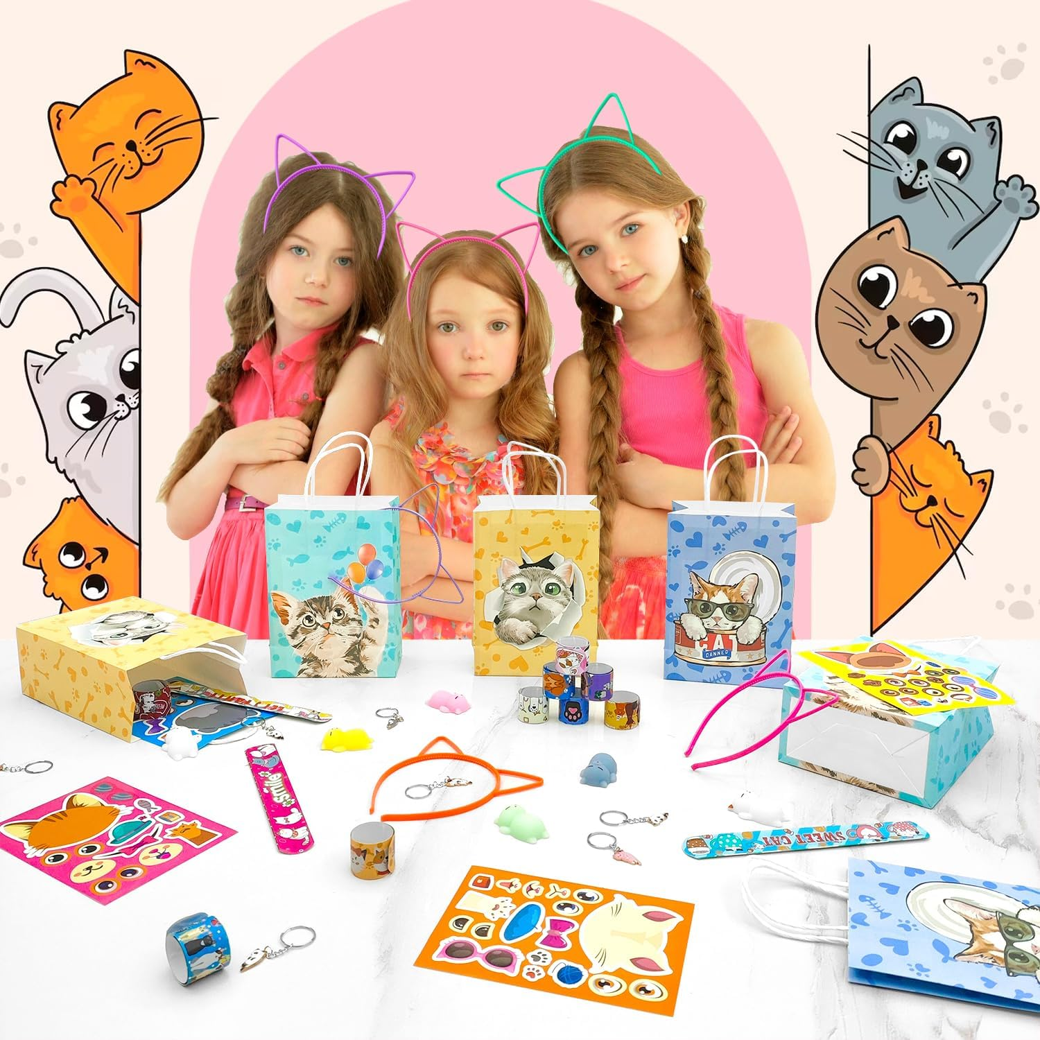 Cat Party Favors, 72Pcs Kitty Party Favors Set Including Cat Goodie Bags Ears Headband Stickers Keychains Slap Bracelets Etc Cat Themed Party for Birthday Decorations Supplies image number 4