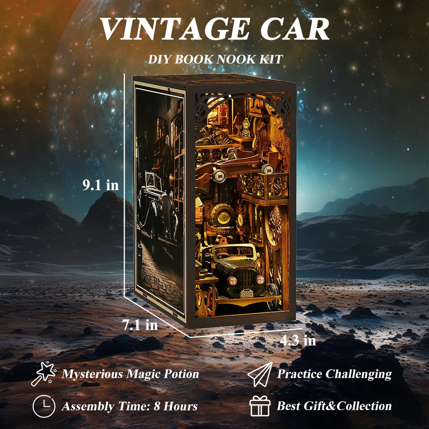 Ysityum Book Nook Kit, 3D DIY Wooden Puzzle Dollhouse Kit for Adults & Teens, Book Nook Bookshelf Insert Decoration Bookend Miniature Kit with Sensor Light Creative Craft Home Decor, Vintage Car image number 5