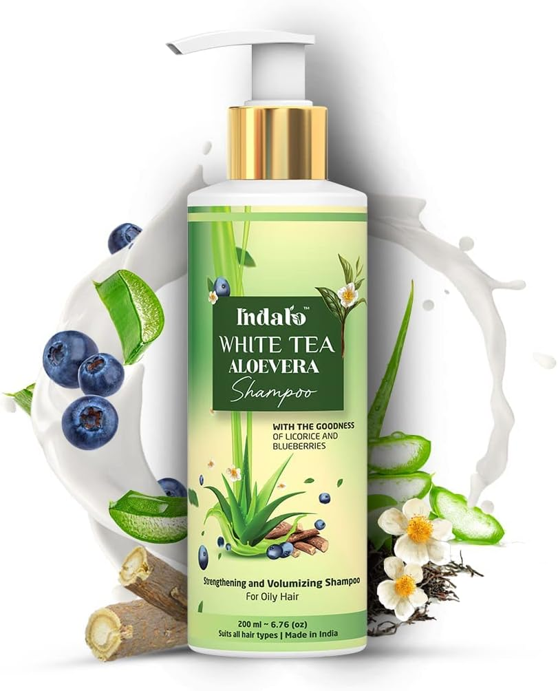 Indalo White Tea Aloevera Strengthening and Volumizing Shampoo, 200Ml, with Licorice and Blue Berries for Oily Hair, Paraben Free, Sulphate Free, for Men and Women image number 1