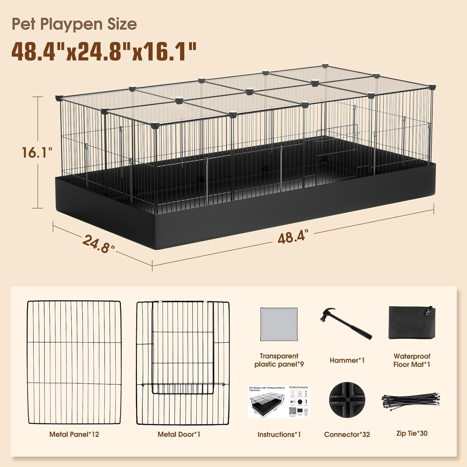 20 Panels Small Animal Playpen with Removable Top Cover & Waterproof Mat - Durable Metal Wire Yard Fence for Guinea Pigs, Rabbits, Kittens, Puppies, Hamsters - Indoor & Outdoor Pet Cage with Roof image number 5