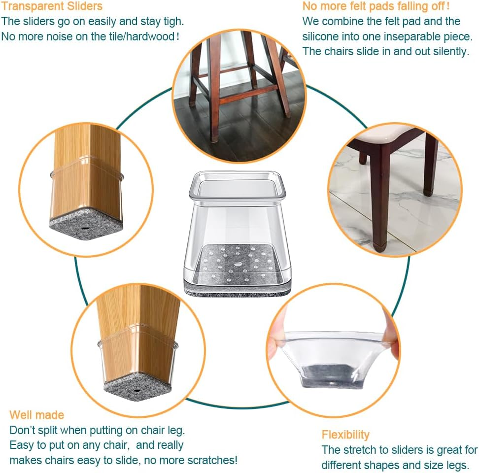 32 Pcs Square Chair Leg Protectors for Hardwood Floors, Felt Furniture Pads Floor Protectors, Silicone Chair Leg Caps Covers,Large (Fit Side Lenght: 27-40Mm) image number 5