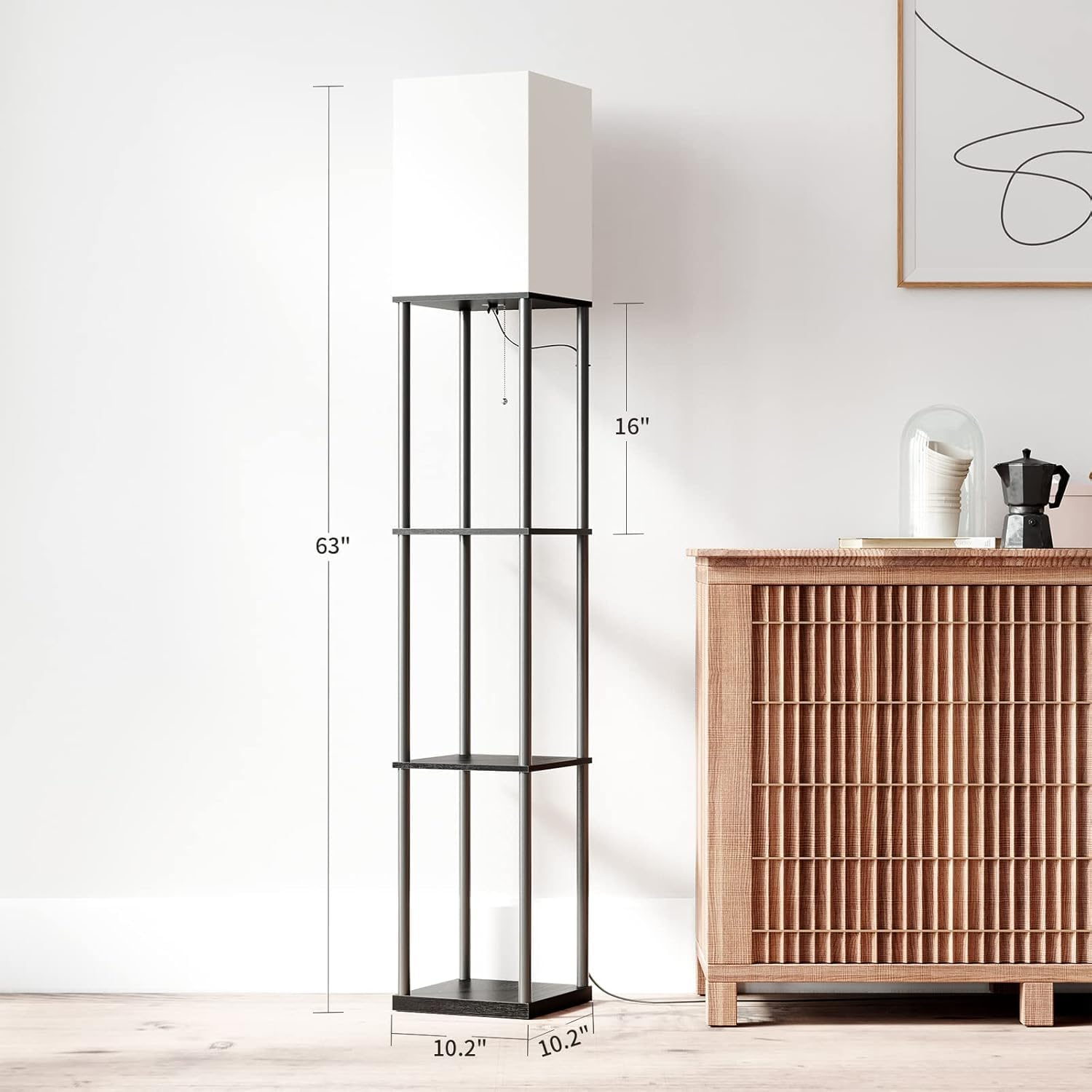 WAMBORY Floor Lamp with Shelves,Modern Square Standing Lamp with 3 Color Temperature Bulb, Corner Display Bookshelf Lamp with White Linen Shade,Shelf Floor Lamp for Living Room and Bedroom (Modern)