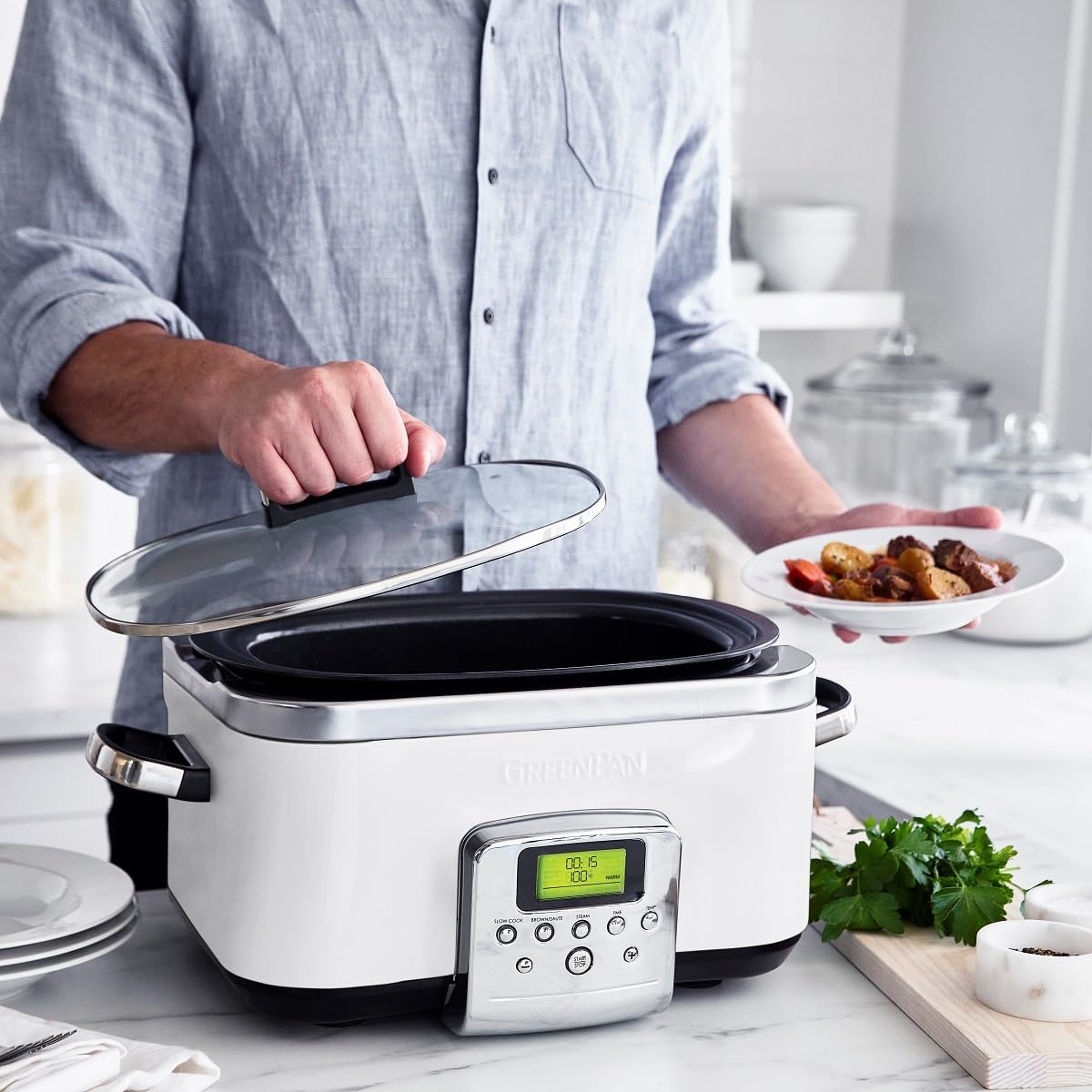Greenpan Slow Cooker Cloud Cream, 6L Dishwasher Safe Pot, Vibrant LCD Display, Easy One-Touch Presets, One-Step Browing, Extra-Tough Exterior, Countertop Friendly image number 6