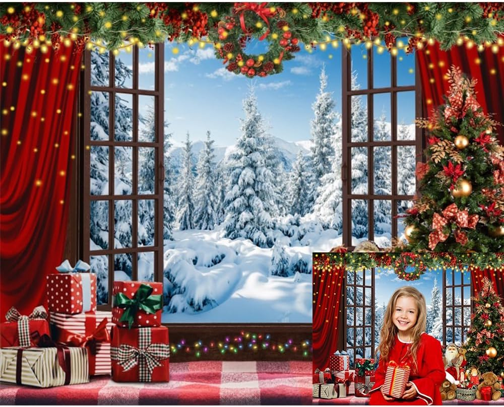 Christmas Backdrop 10X8Ft Wood Barn Winter Christmas Photo Backdrop for Photography Wooden Door Christmas Tree Gifts Snowy Background Kids Adults Family Christmas Eve Party Decoration Props