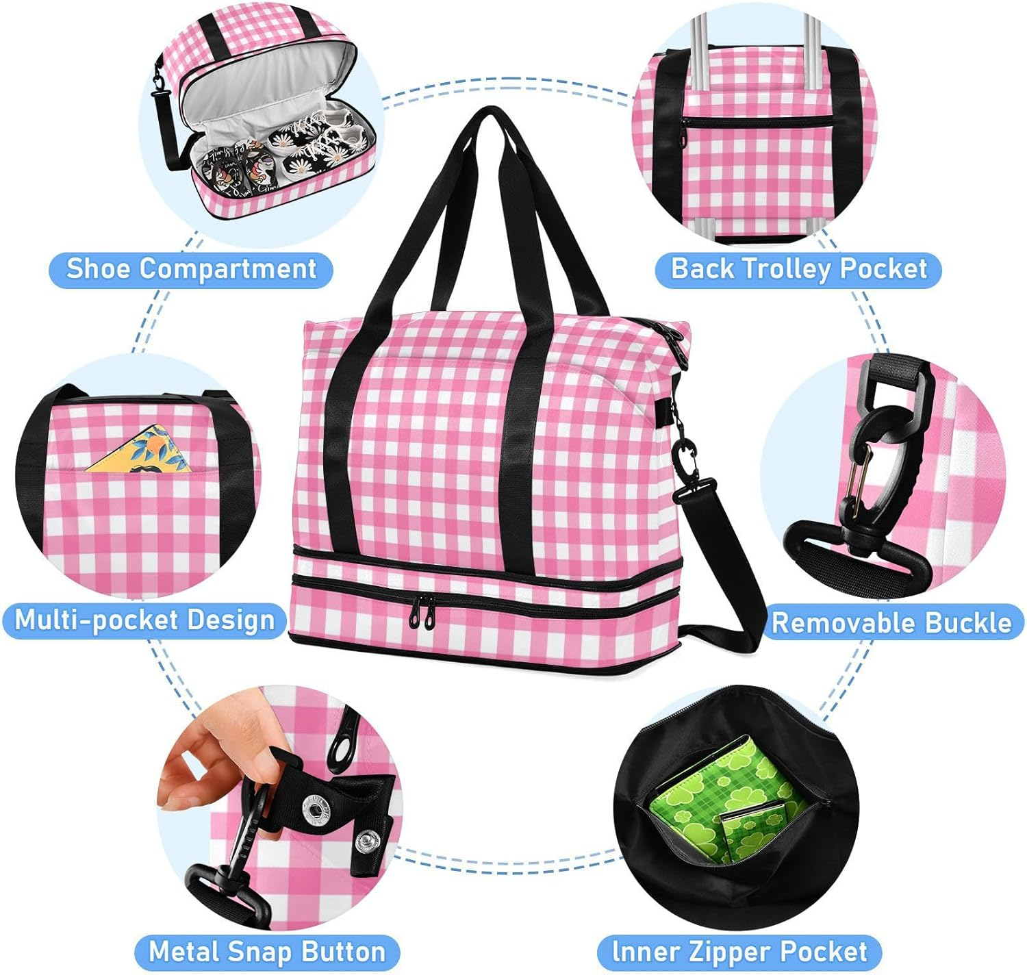 Pink and White Grid Large Bag Travel Weekender Gear Bag with Adjustable Strap for Business Trips Waterproof, Pink and White Grid, 1 Size image number 2