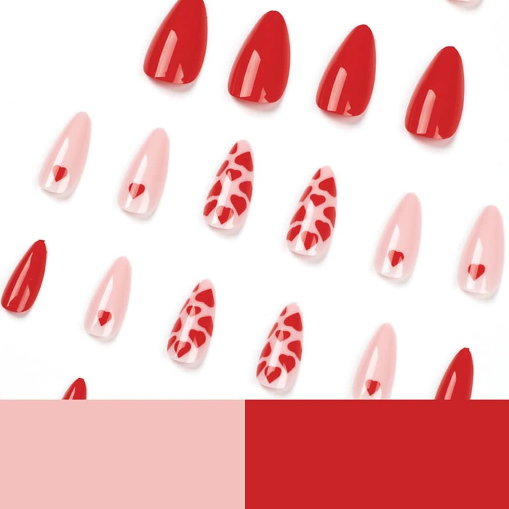 Red Heart Press on Nails Medium Valentine&rsquo;S Day Coffin Fake Nails Glue on Nails with Nail Adhesive Almond Shape Heart Exquisite Design Stick on Nails for Women and Girls 24Pcs image number 5