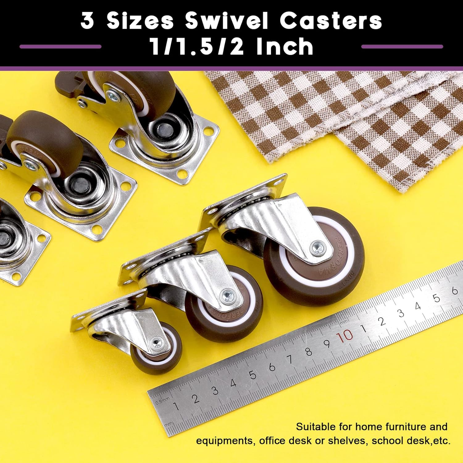 Swpeet 21Pcs 1 Inch Swivel Caster Wheels Set, Heavy Duty No Noise Rubber Casters 2 with Brakes 2 without Brakes, Locking Casters with Screws and Screwdrvier, Swivel Plate Castor Wheels for Furniture image number 6