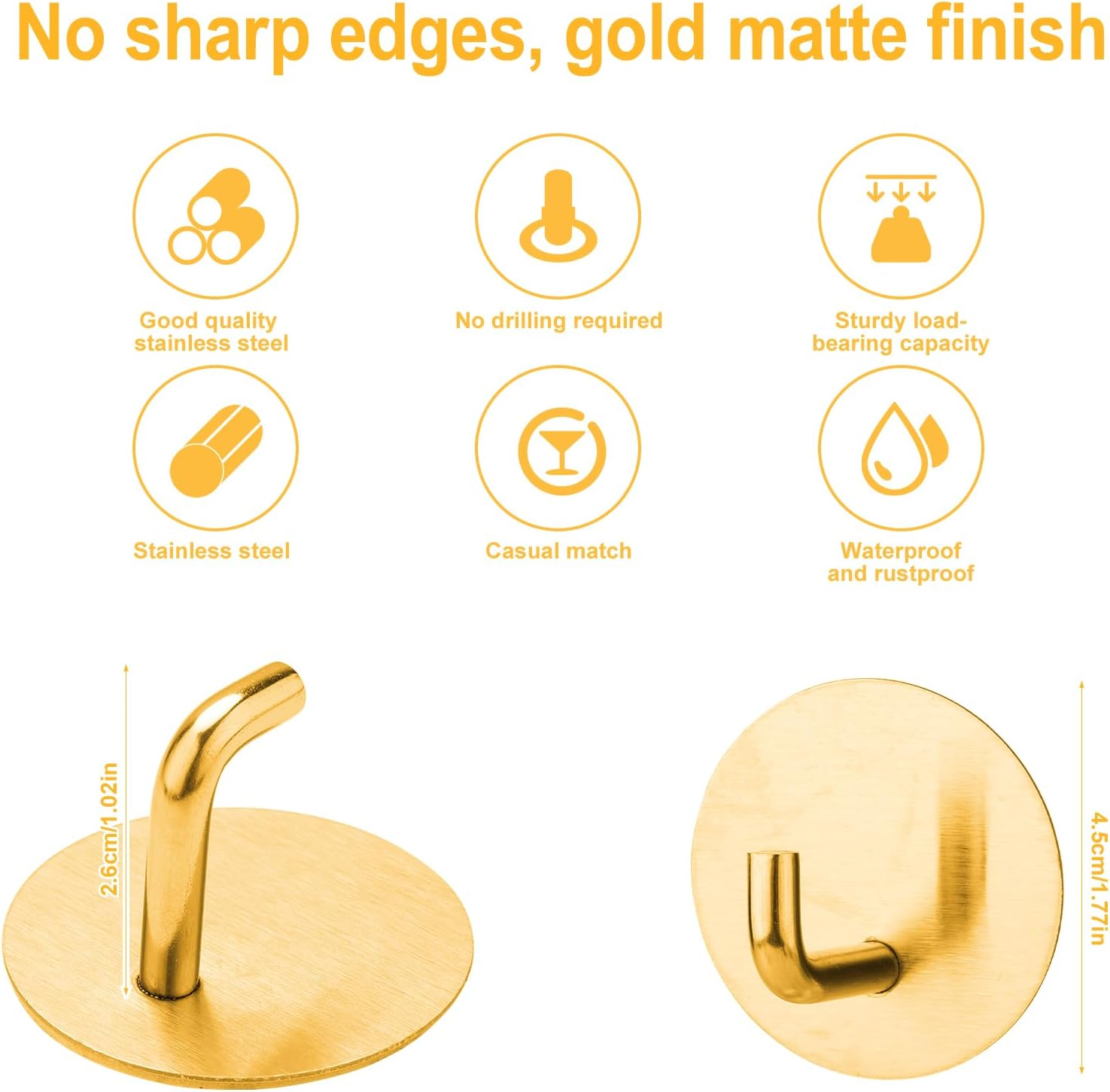 8Pcs Sticky Hooks, Stainless Steel Towel Hooks Adhesive Wall Hooks Waterproof Bathroom Hooks for Kitchen Bathroom Bedroom (Gold) image number 3