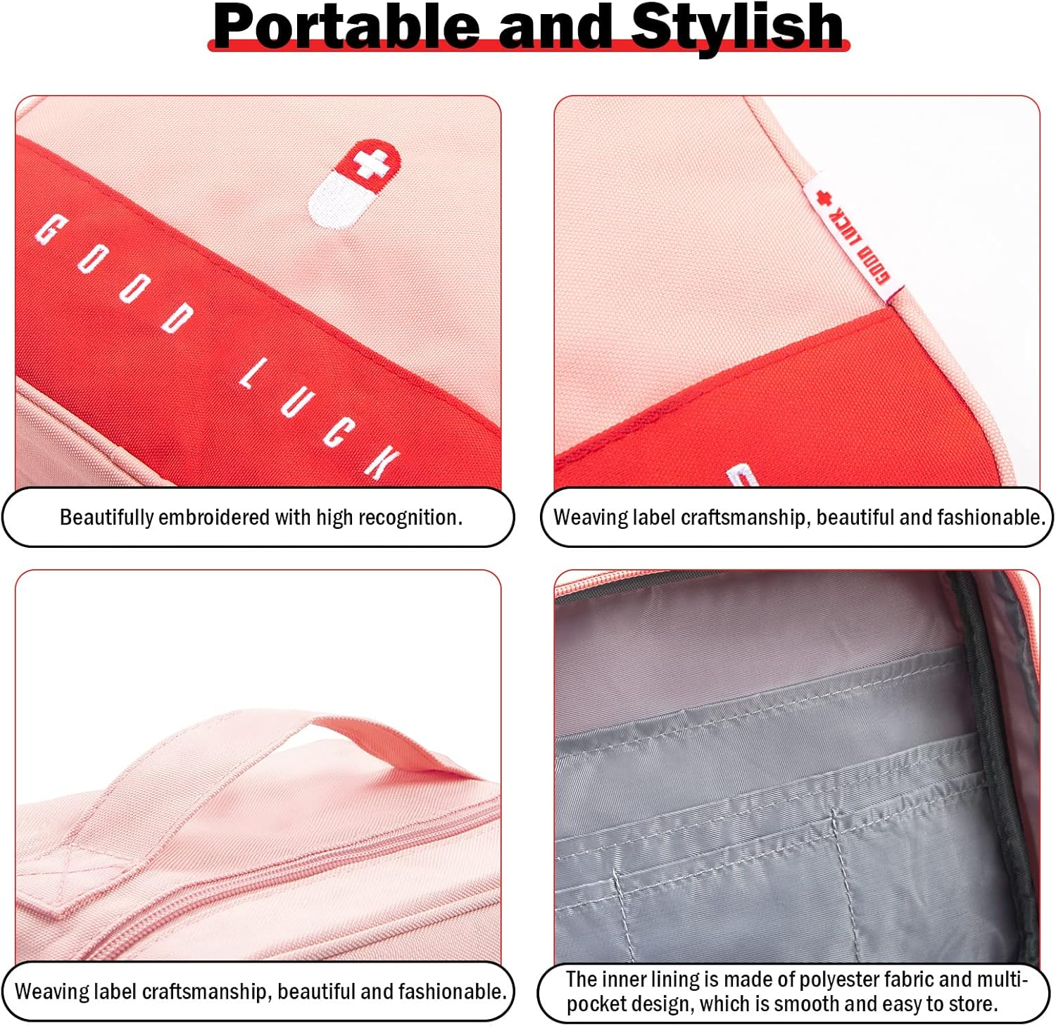 Portable First Aid Bag Empty Medical Supplies Bag with a Mini Pouch Travel Medicine Bag Cosmetic Organizer for Home Camping Hiking Office (Pink) - Pink image number 6