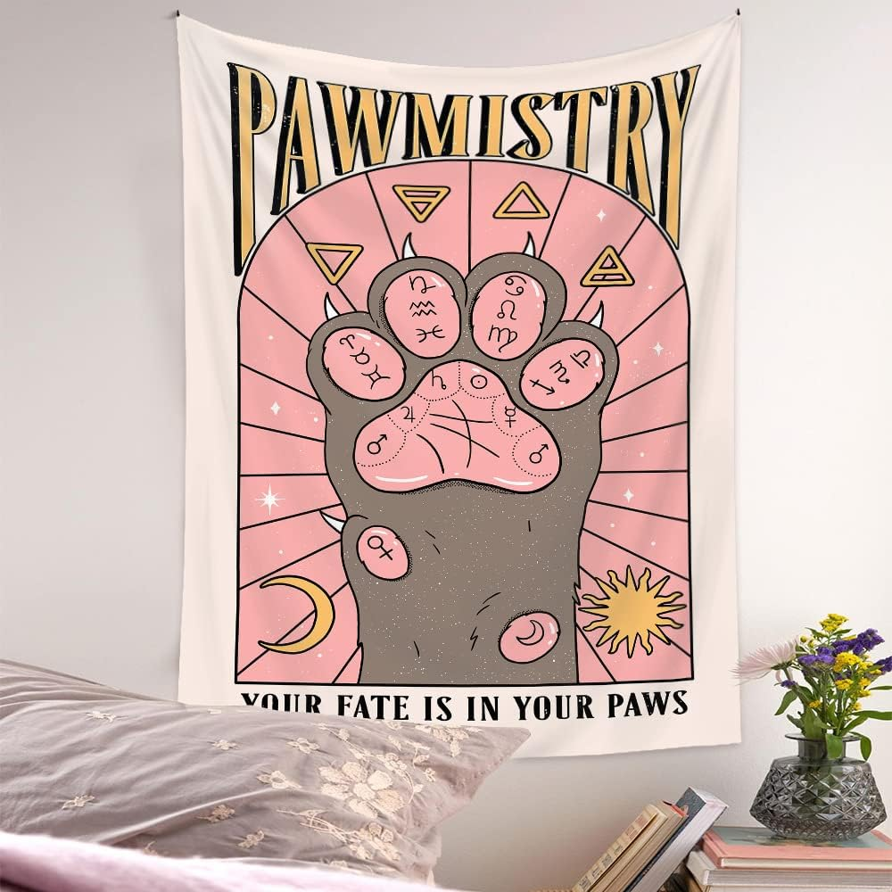 Kawaii Tapestry Kawaii Wall Decor Pink Cat Paw Tapestry Kawaii Room Decor Pink Colorful Tarot Wall Tapestry for for Bedroom Dorm Home Living Room Wall Decor (39Inches(L)*59Inches(W)) image number 4
