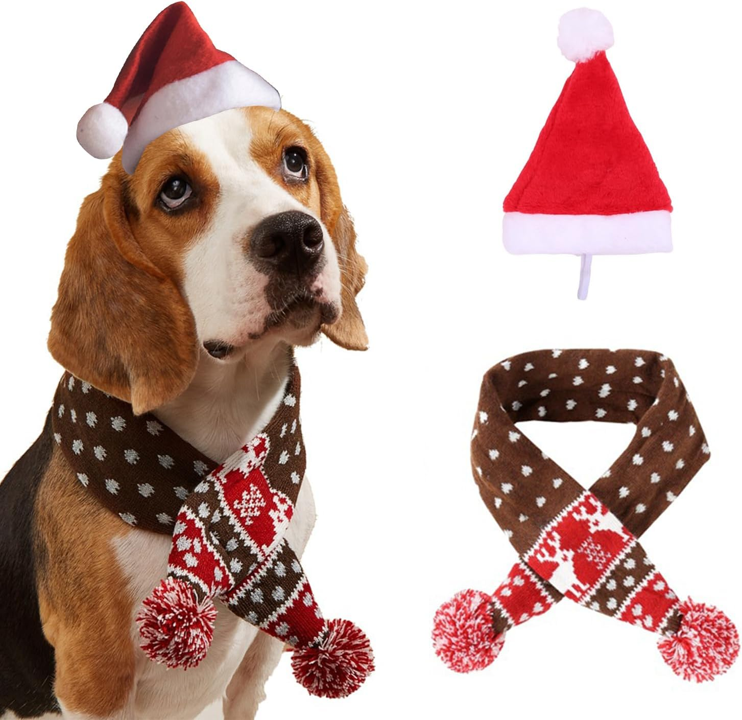 Yicoovey Christmas Pet Costume Set (Size L) - 2-Piece Reindeer Knitted Scarf & Santa Hat in Red/White, Soft Winter Outfit for Dogs/Cats, Festive Accessories & Photo Decoration image number 6