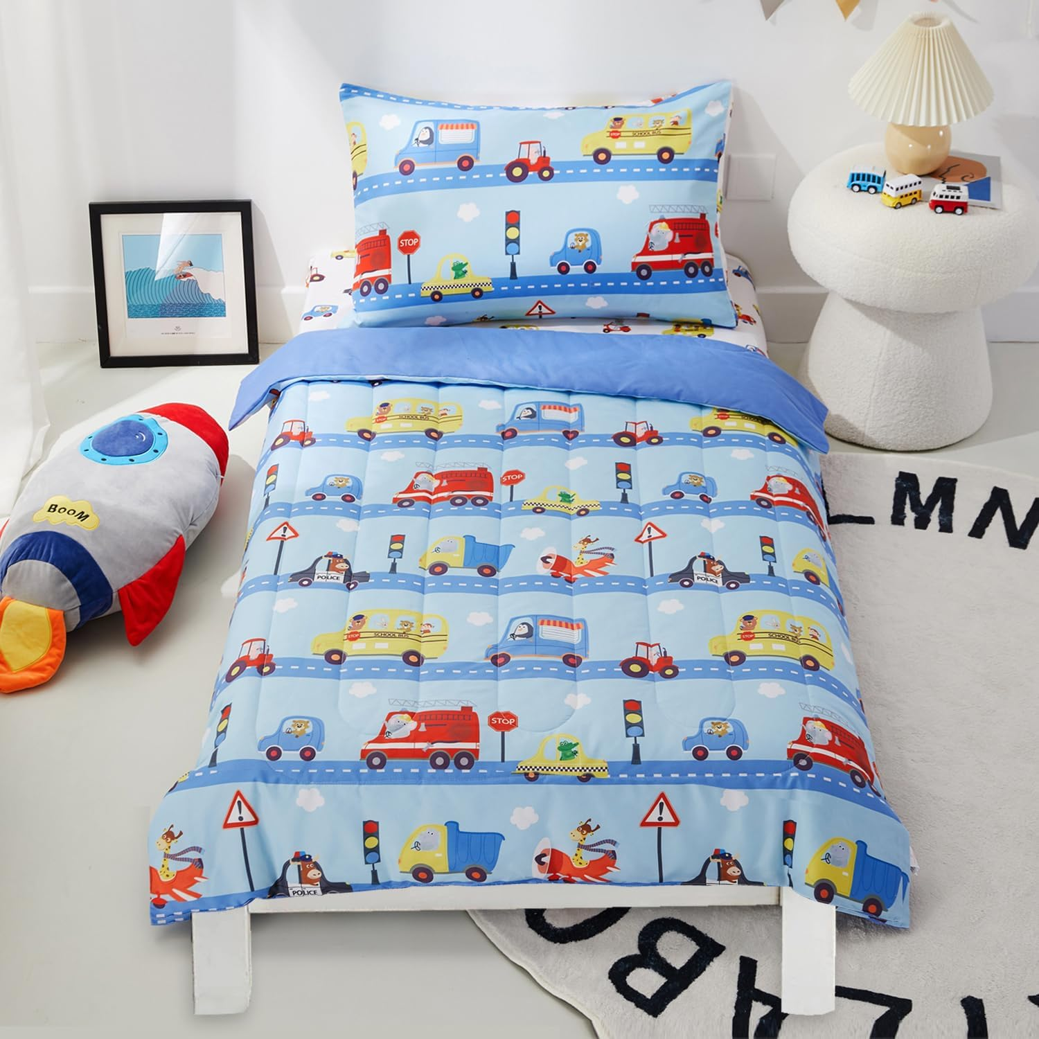 PINNKKU 4-Piece Toddler Bedding Set, Bed-In-A-Bag Comforter Set, Includes 1 Flat Sheet, 1 Fitted Sheet, 1 Comforter and 1 Reversible Pillowcase, Standard Toddler Comforter & Sheet Set, Cars & Road