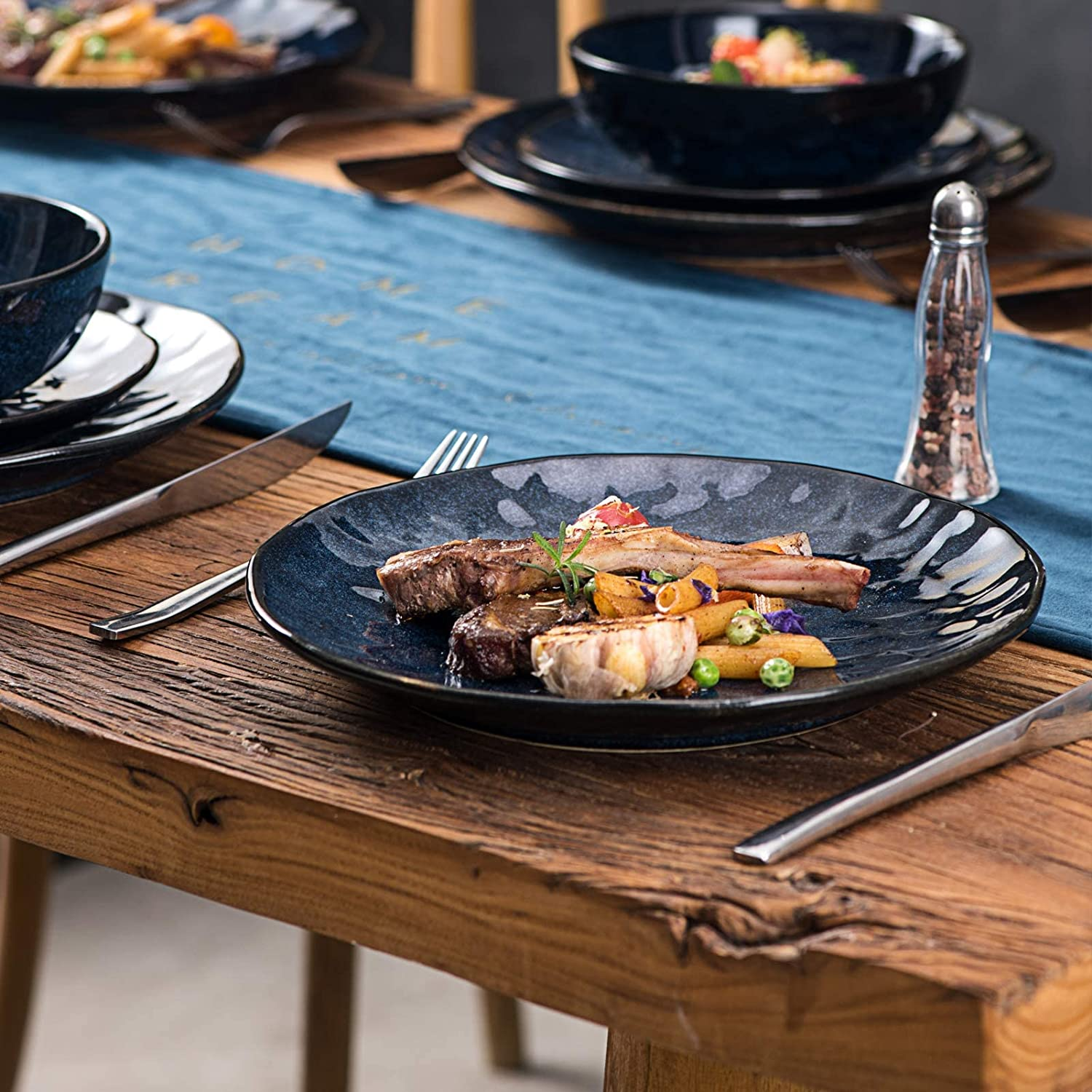 Vicrays Ceramic Dinner Plates Set, 10.5 Inch, Set of 6, Round, Microwave, Oven, Dishwasher Safe, Scratch Resistant, Porcelain Fluted Suitable for Steak, Pasta, Pizza, Home, Party, Restaurant (Blue) image number 2