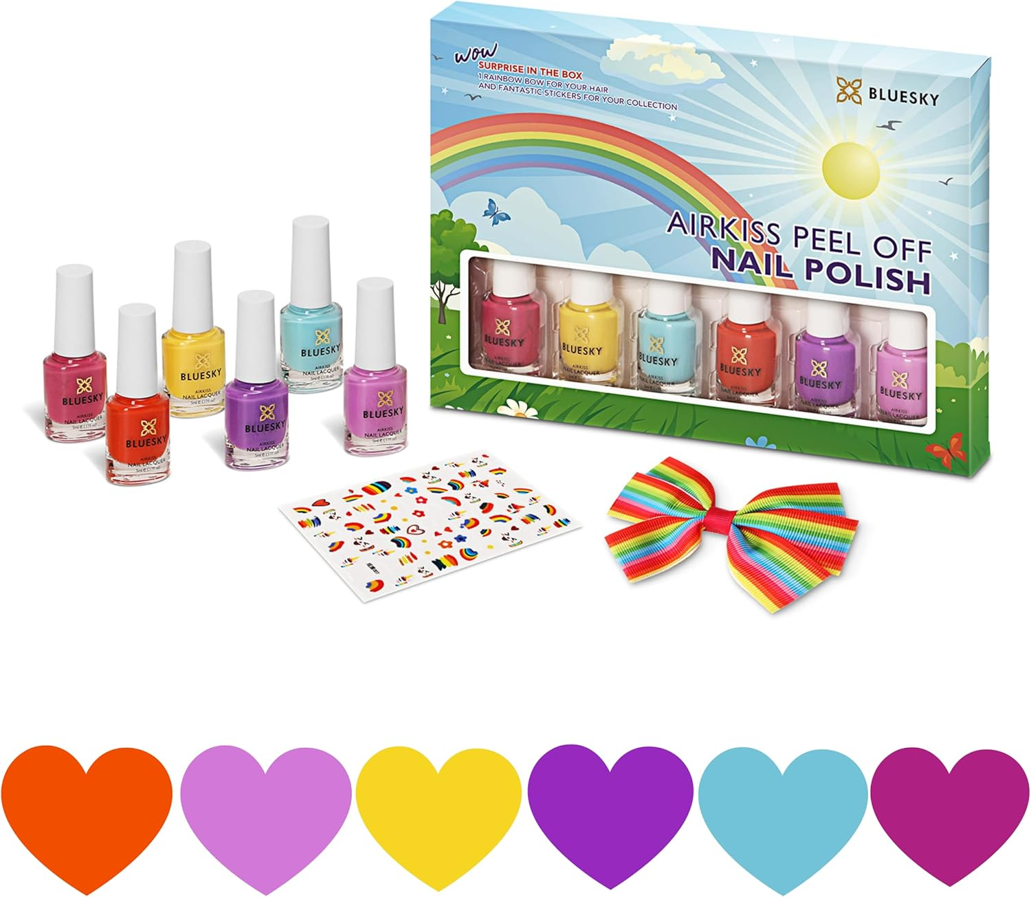 Bluesky Kids Nail Varnish Set for Girls and Boys, Peel off Non Toxic Water Based, 6 X 5Ml Colours, Hair Bow & Nail Stickers for Kids, Children&rsquo;S Nail Varnish Set