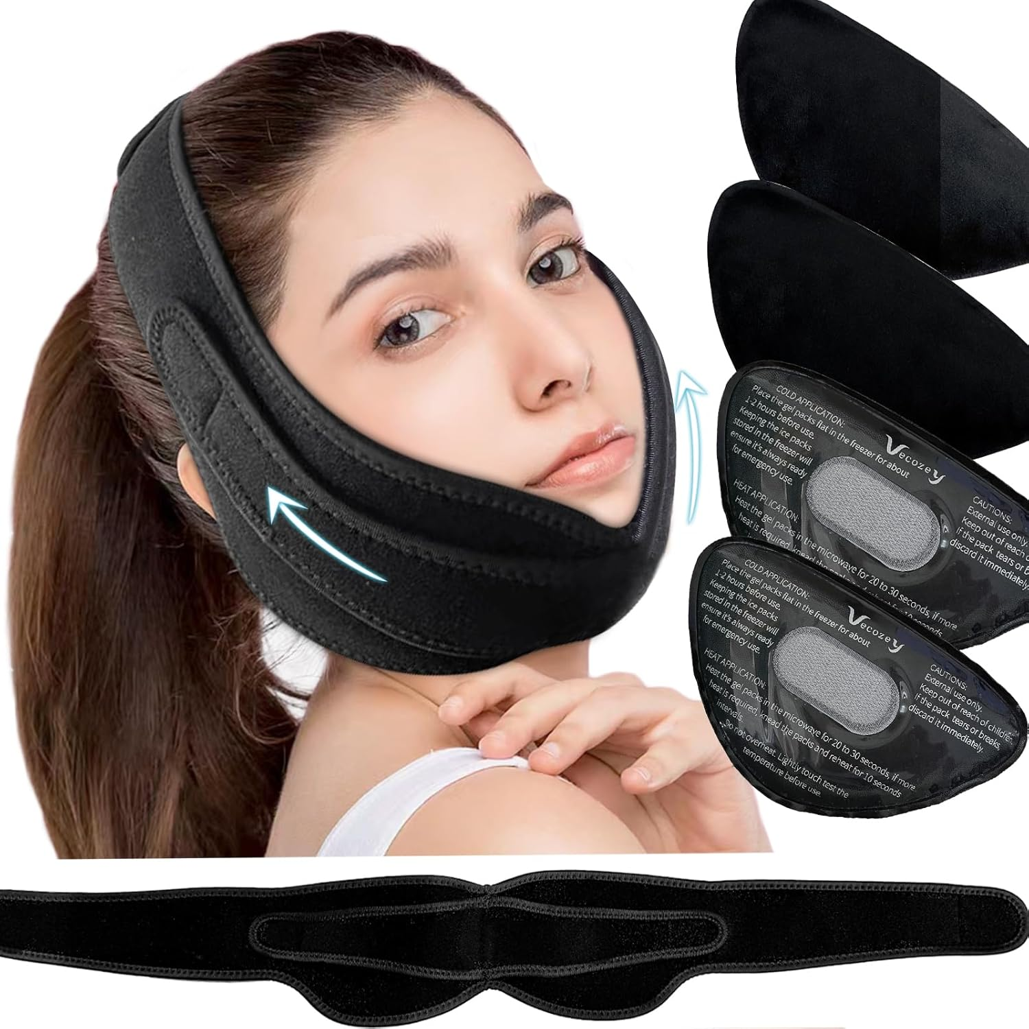 Vecozey Wisdom Teeth Ice Pack Head Wrap with Dual Compression Straps for Toothache, Face, Jaw, Chin, TMJ, Oral and Facial Surgery - 4 Reusable Hot & Cold Gel Packs for Injuries image number 3
