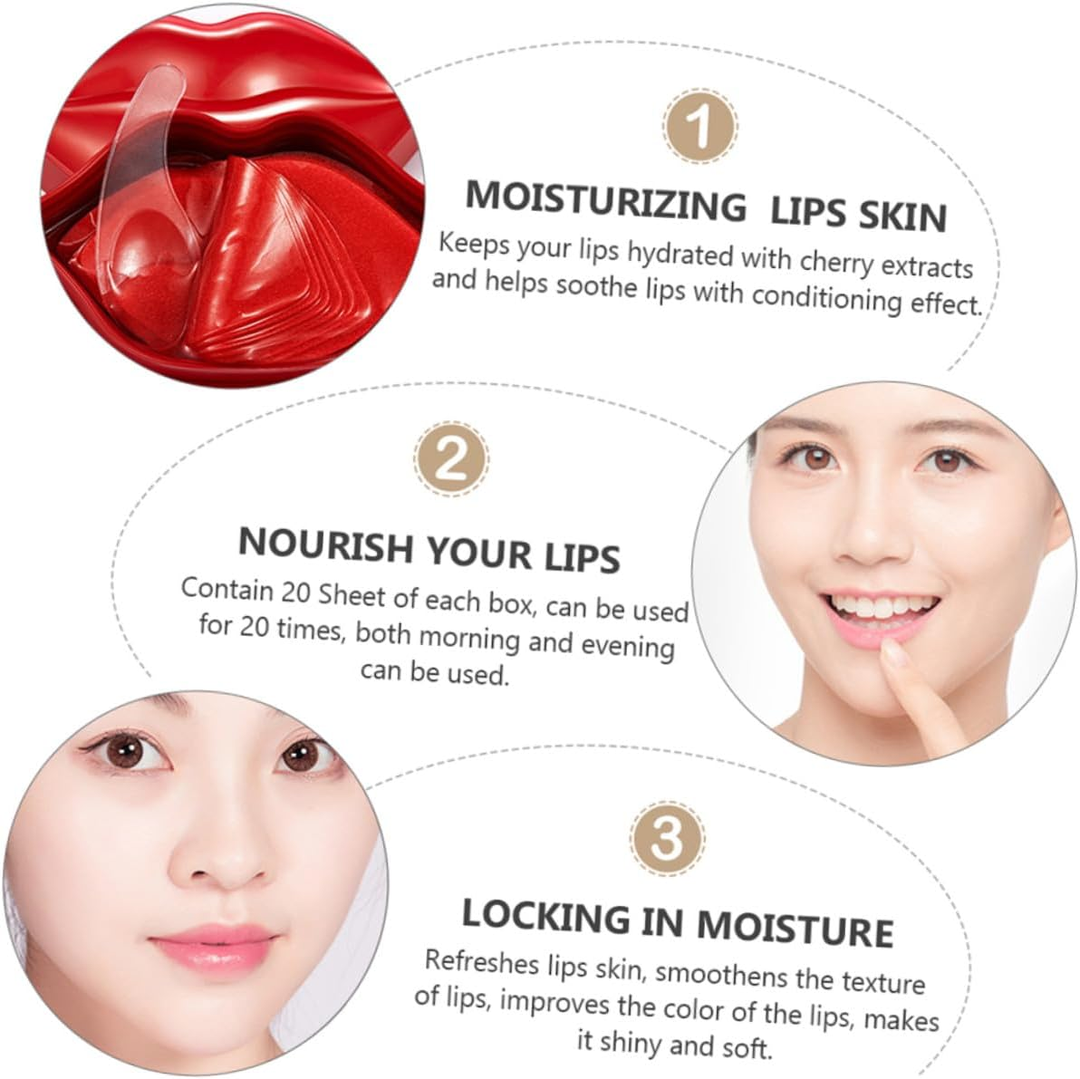 OKUMEYR 20Pcs Hydrating Lip Masks with Cherry Extracts Nourishing Gel Treatment for Dry Cracked Lips Soothing Night Care Pads for Soft Formula image number 6