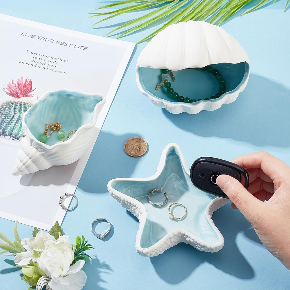 PAOFUFUI Conch Shape Ceramic Jewelry Tray, Aqua Shell Trinket Dish Ceramic Ring Earring Holder Ocean-Themed Decorative Trinket Plate for Rings Earrings Necklaces Bracelet Jewelry Watch Keys (Blue) image number 3