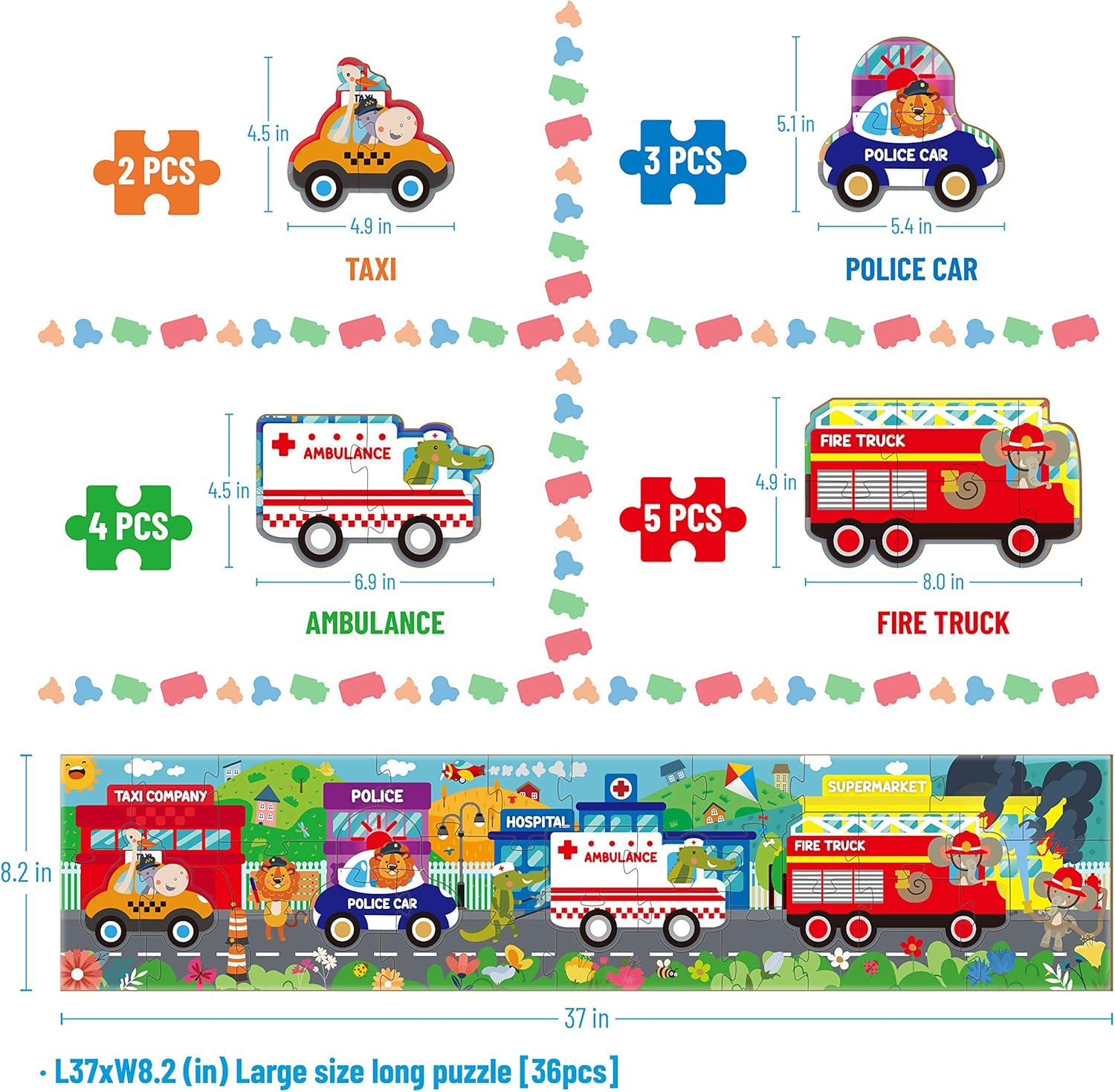 Kidepoch Transportation Floor Puzzles for Kids Ages 3-5, 36 Pieces Jumbo Puzzles for Kids Ages 4-8, Cute Animals & Rescue Vehicles, Great for Learning and Fun, 37&rdquo; X 8.2&rdquo; with Storage Box image number 6