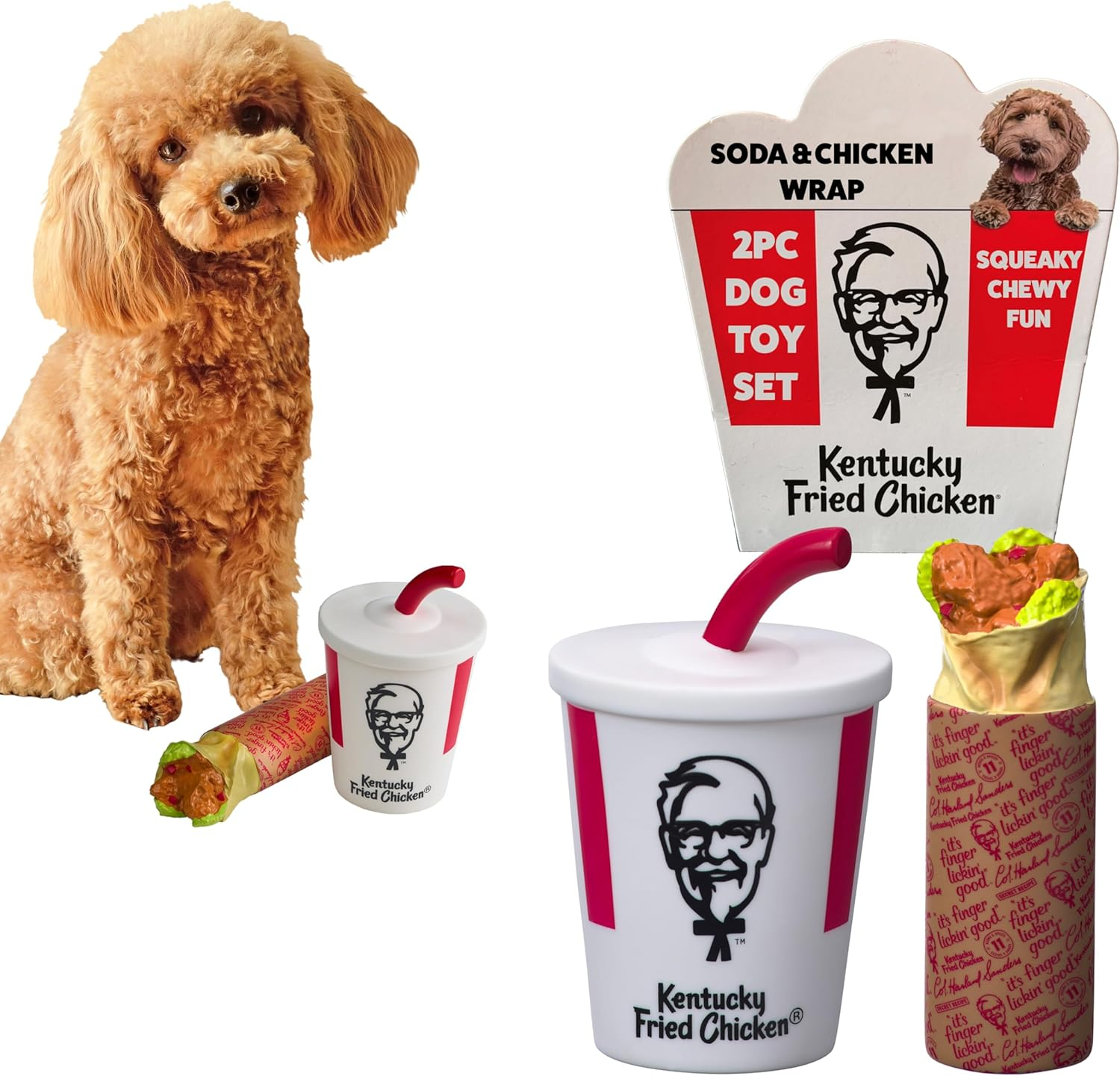 KFC Mini Chicken Wrap & Soda Meal &ndash; 2-Piece Vinyl Squeaky Dog Toy Set &ndash; Includes 6&rdquo; Chicken Wrap & 6&rdquo; Soft Drink Cup &ndash; Lightweight, Fun, and Interactive Play for Small & Gentle Chewers